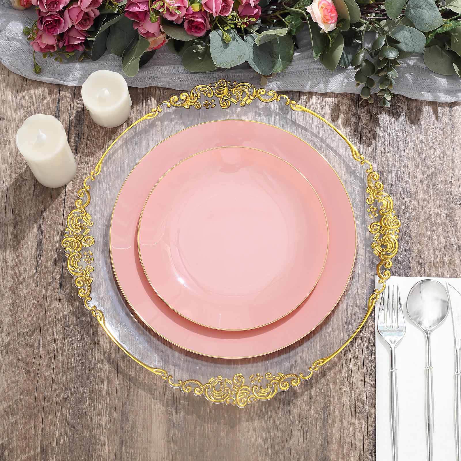 10-Pack Plastic 10 Round Dinner Plates in Dusty Rose with Gold Rim - Glossy Disposable Party Plates