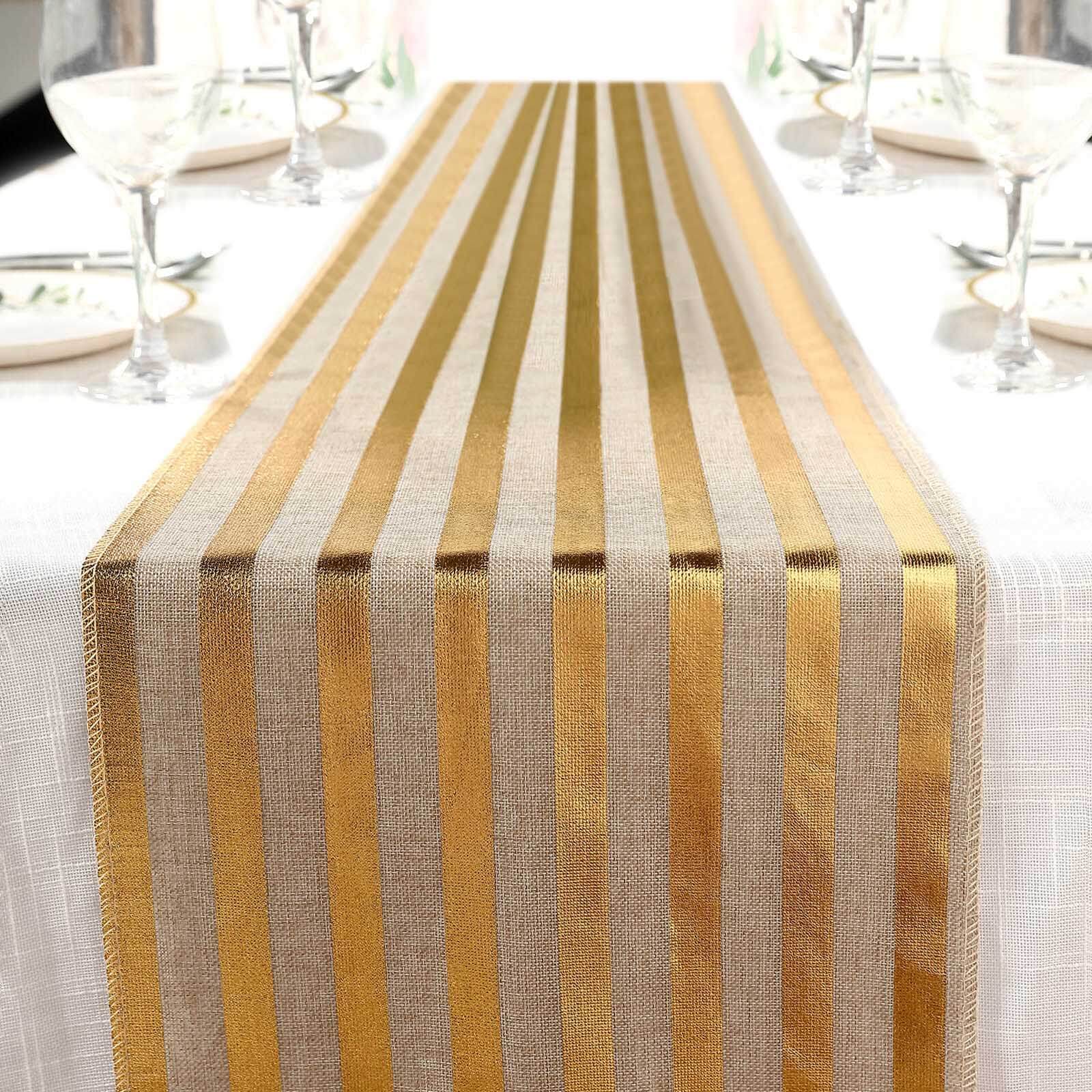 Faux Jute Burlap 12x108 Table Runner Taupe with Gold Stripes - Rustic Farmhouse Table Linen