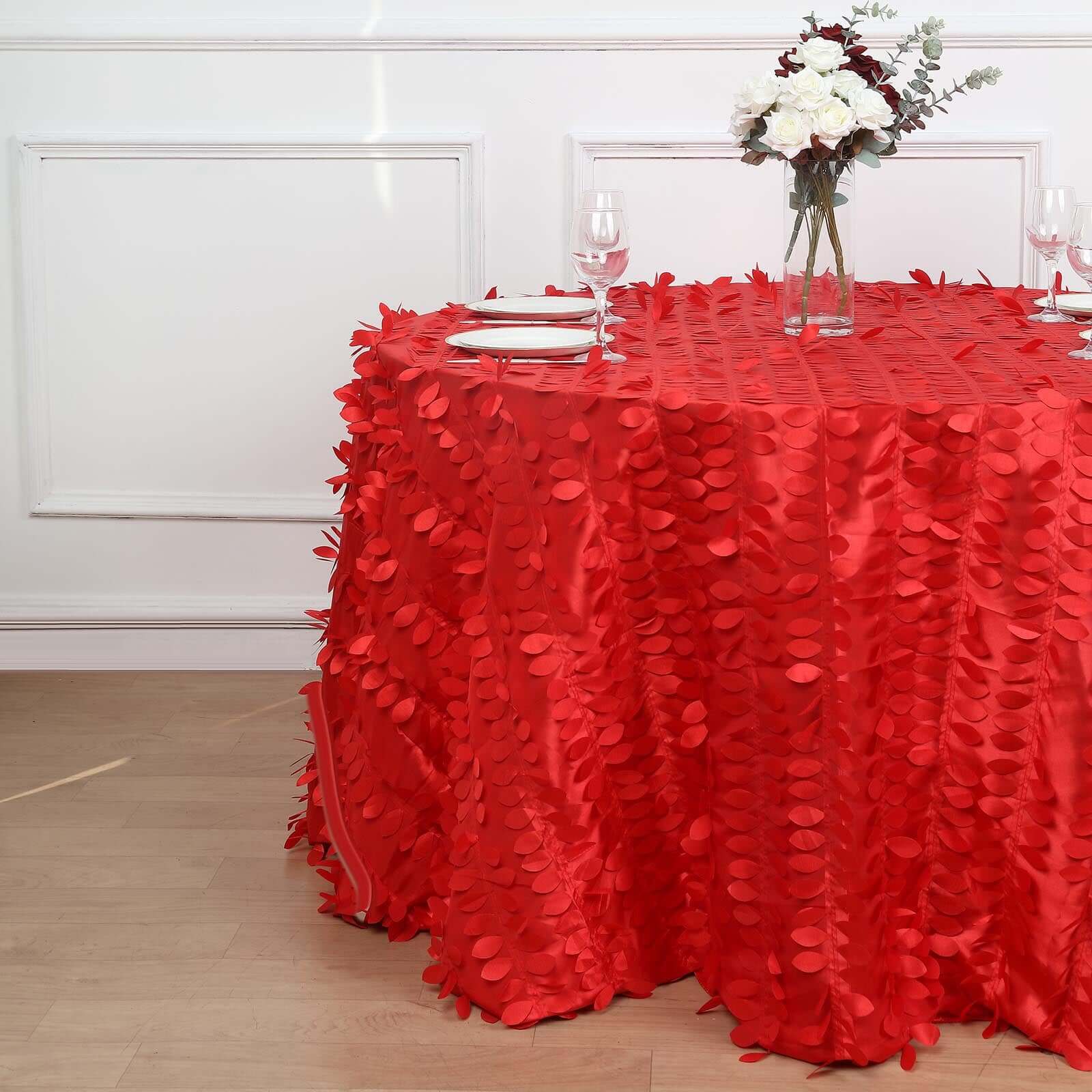 120 Red 3D Leaf Petal Taffeta Fabric Seamless Round Tablecloth for 5 Foot Table With Floor-Length Drop