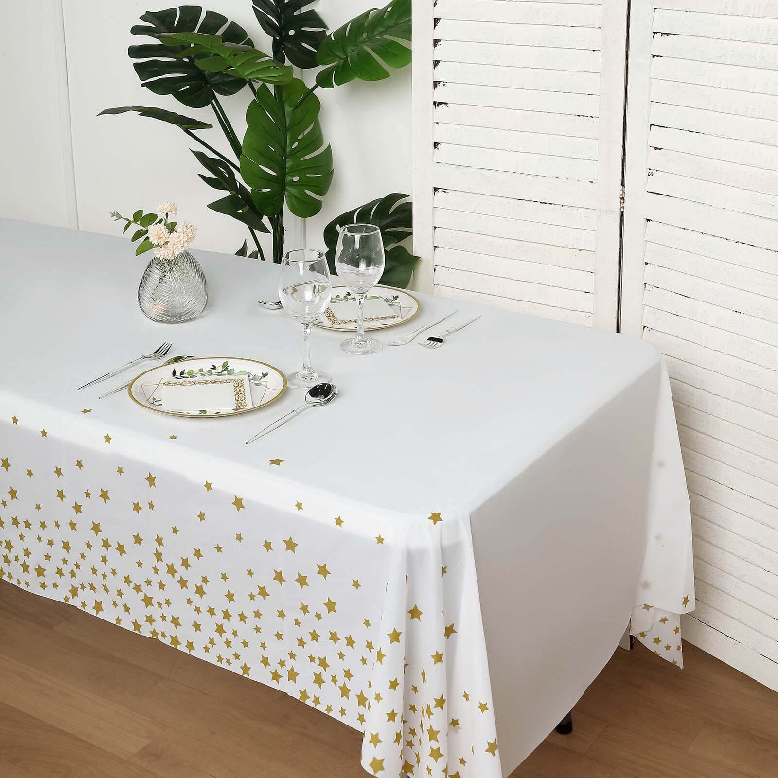 5-Pack Plastic Table Covers White Rectangle with Gold Stars - Decorative PVC Disposable Tablecloths 54x108