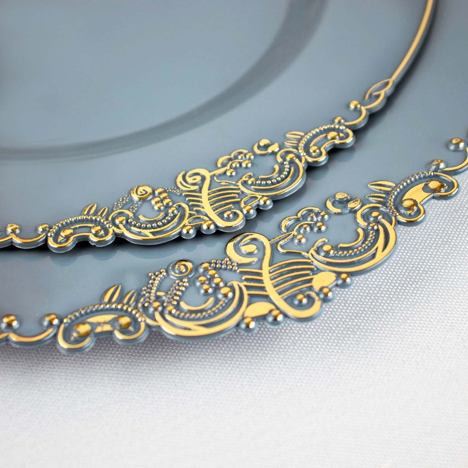 10-Pack Plastic 10 Round Dinner Plates in Dusty Blue with Gold Leaf Embossed Rim - Disposable Vintage Baroque Style Plates