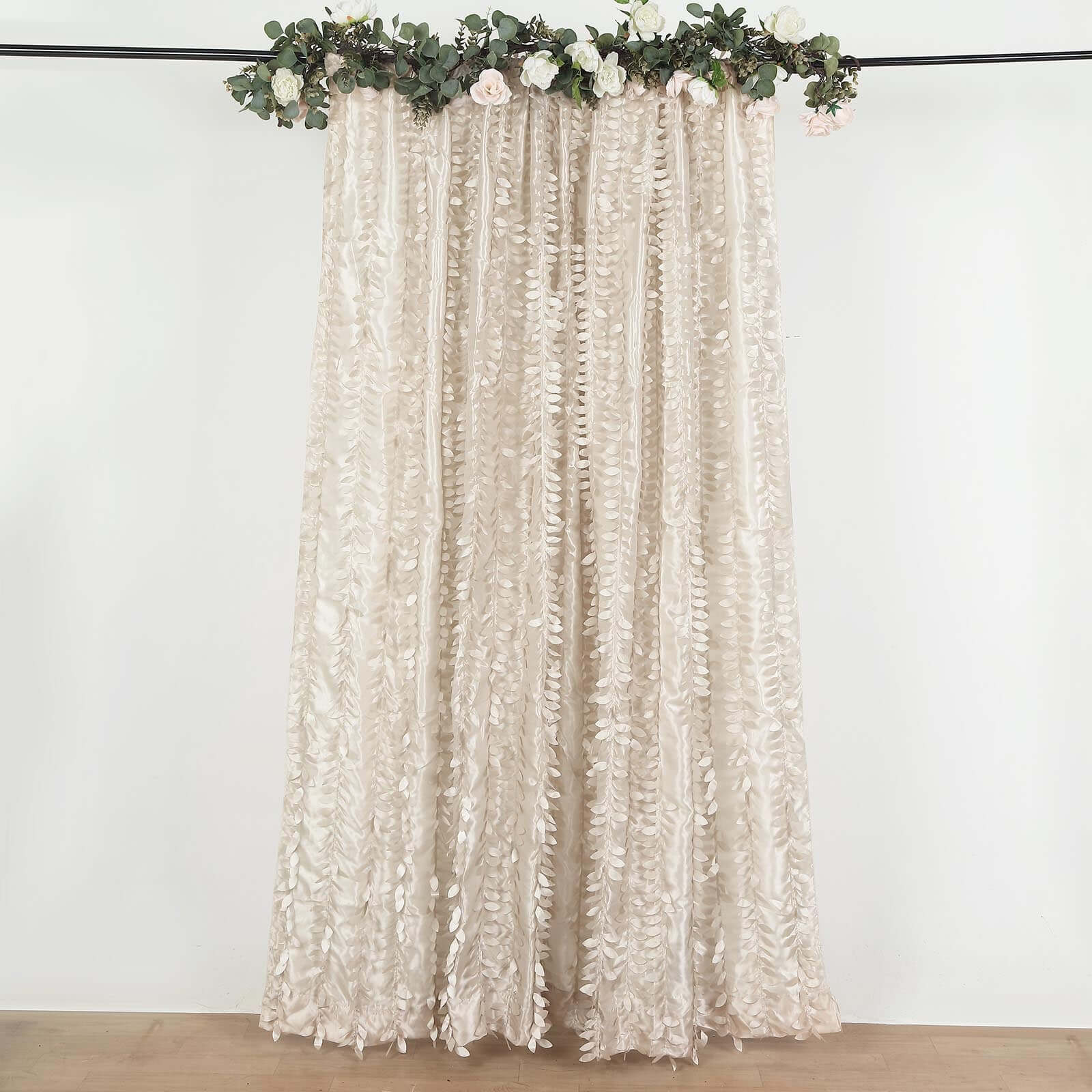 8ftx8ft Beige 3D Leaf Petal Taffeta Event Curtain Drapes, Backdrop Event Panel With Rod Pocket