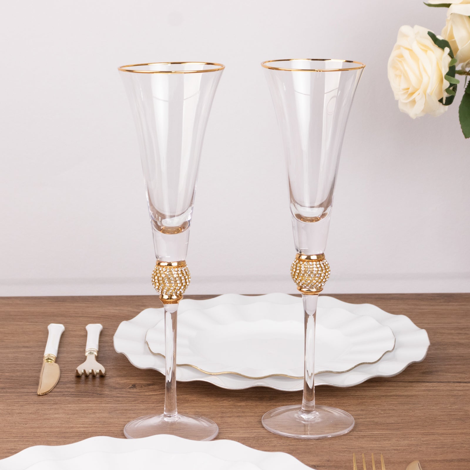 6-Pack Champagne Flute Glasses Clear Gold Rim Design with Studded Rhinestones - Long Stem Crystal Glassware for Wine & Events 6oz 11