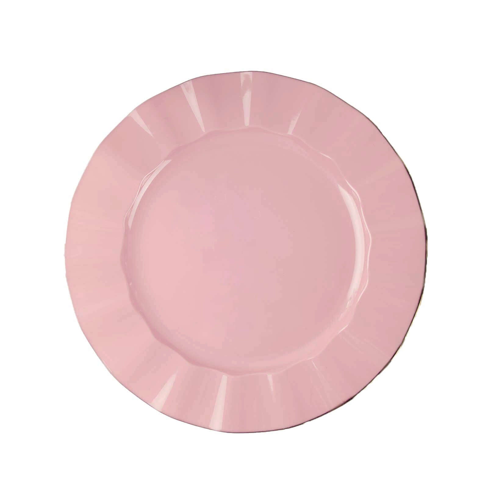 10-Pack Plastic 9 Round Dinner Plates in Dusty Rose Ruffled Rim with Gold Edging - Sturdy Disposable Dinnerware