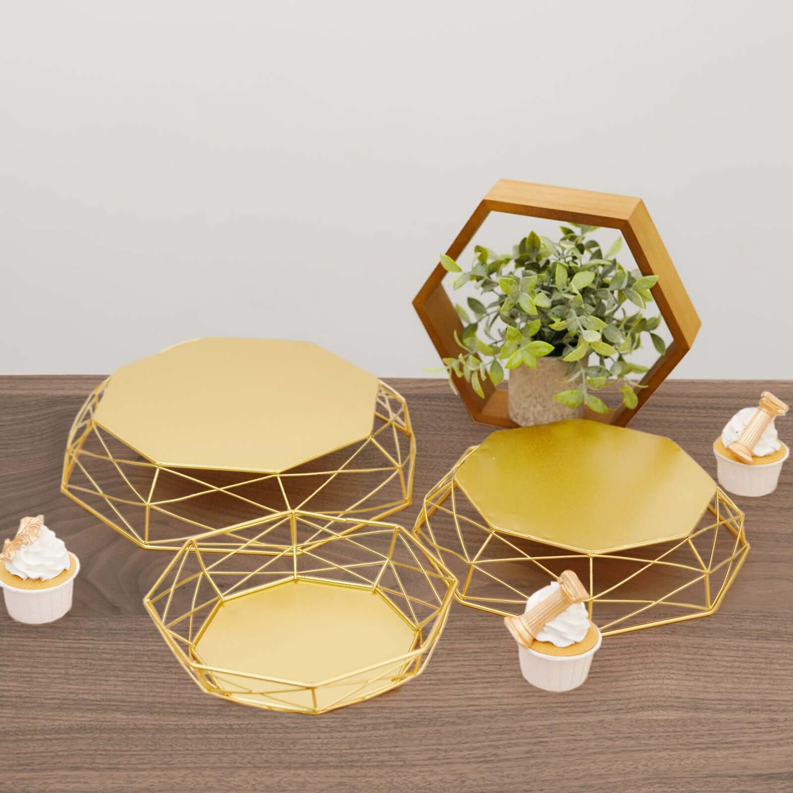 Set of 3 Metal Cake Stands Geometric Reversible Octagon Design Gold - Dessert Display Baskets 7, 9, 11