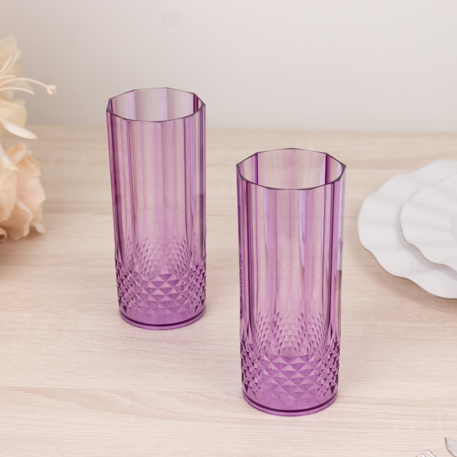 6-Pack Plastic Cocktail Tumblers Purple Transparent Crystal Cut Style - Shatterproof Highball Glasses 14oz