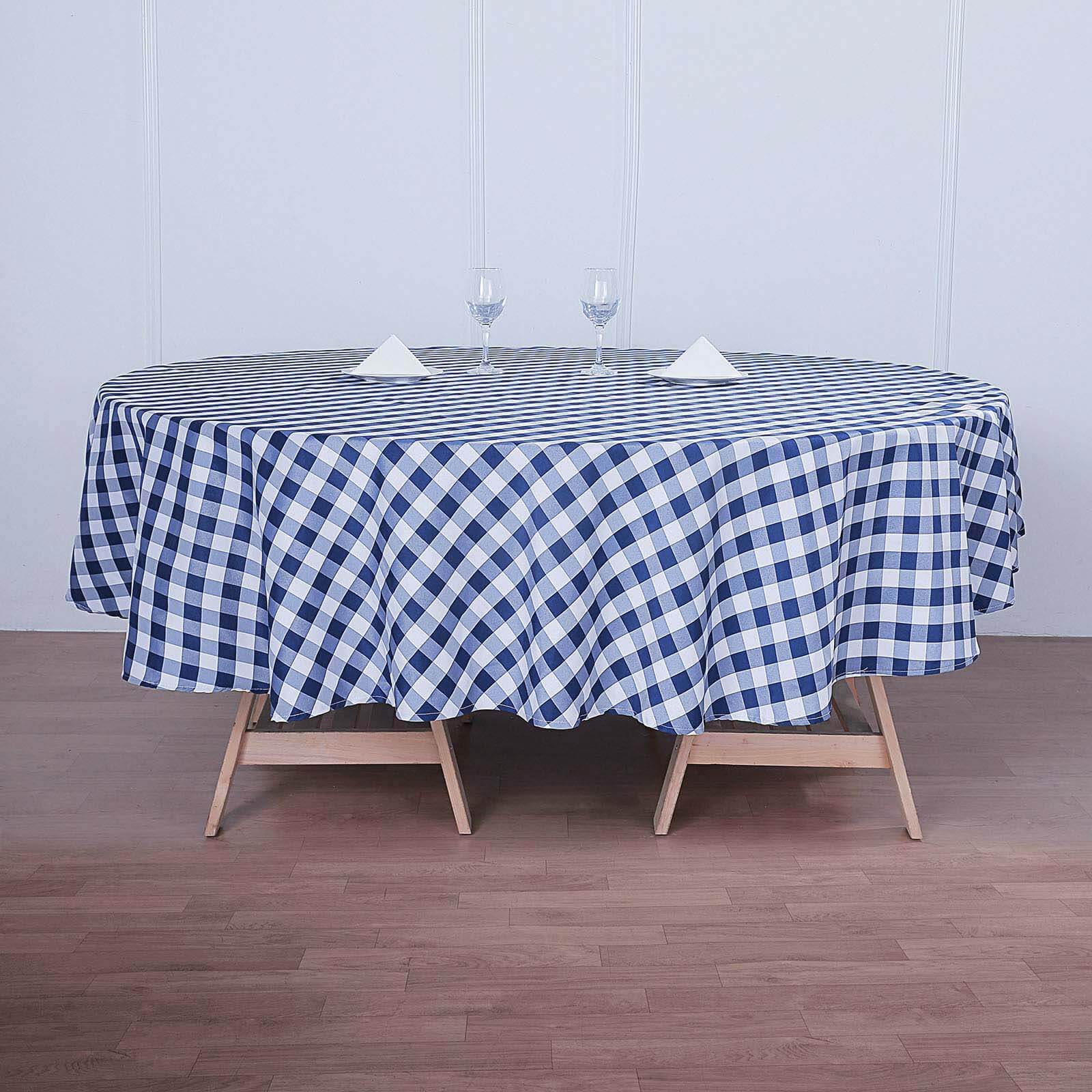 Polyester 108 Round Tablecloth White/Navy Blue - Checkered Buffalo Plaid Table Cover