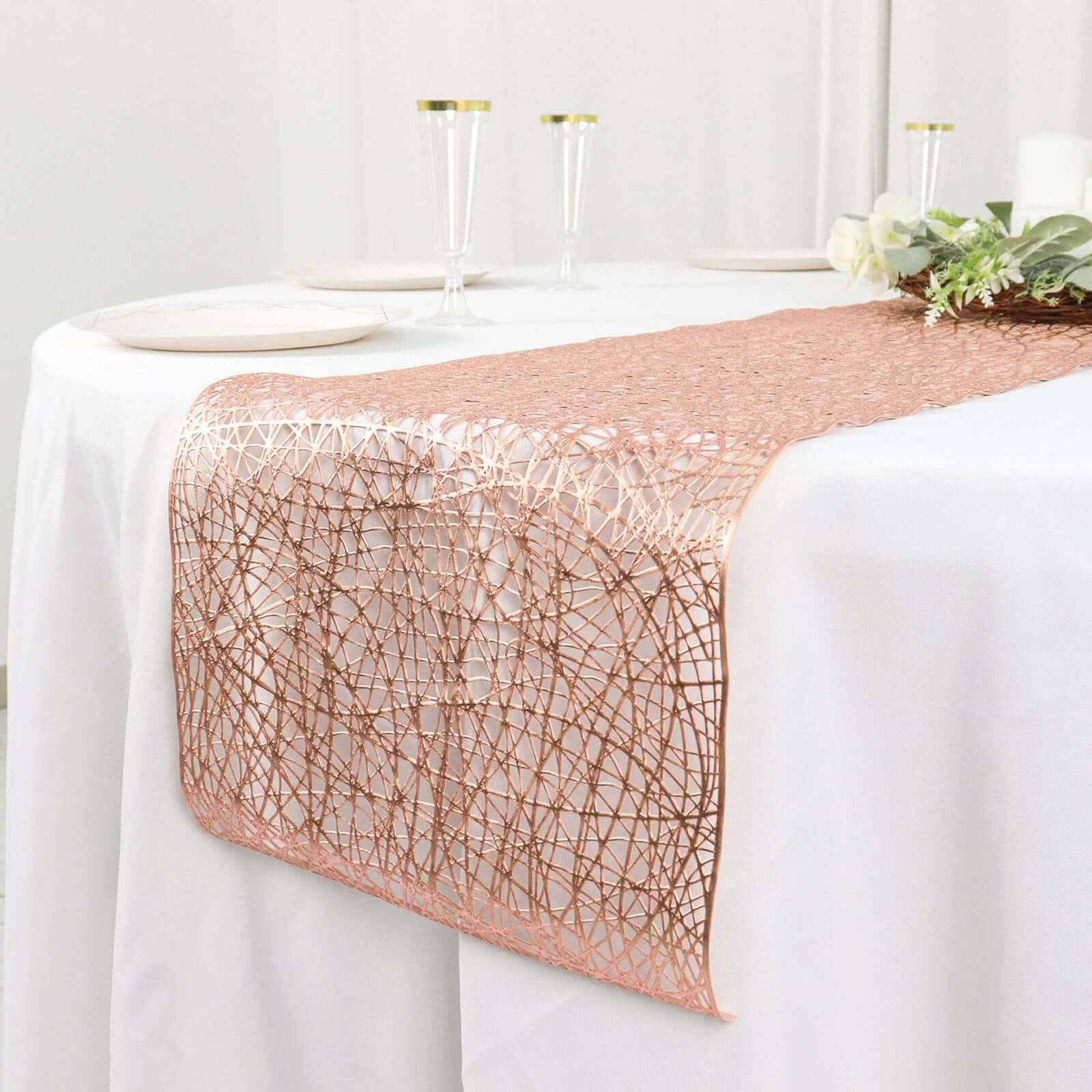 Plastic Woven Vinyl 13x6ft Table Runner Metallic Rose Gold - Non-Slip & Reversible Tabletop Decor