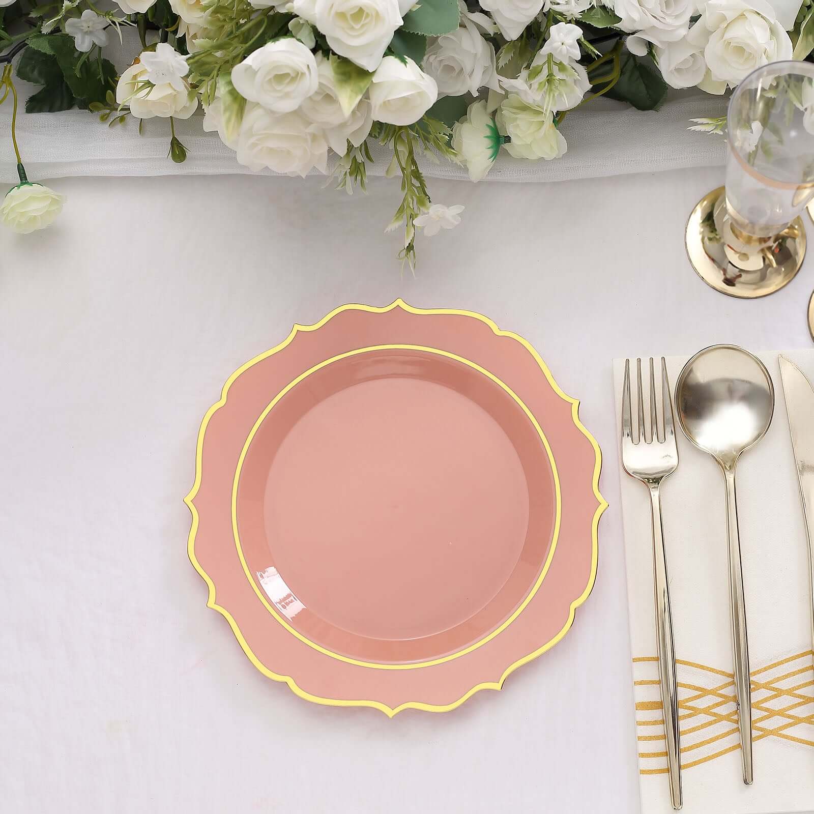 10-Pack Plastic 8 Round Desert Plates in Dusty Rose with Gold Scalloped Rim - Disposable Appetizer/Salad Plates