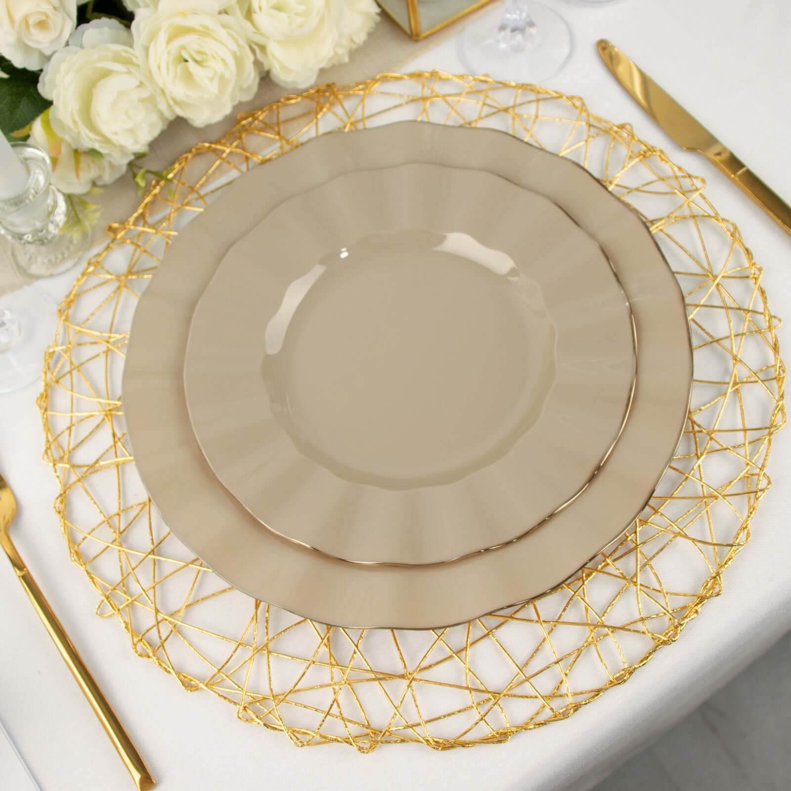 10-Pack Plastic 9 Round Dinner Plates in Taupe Ruffled Rim with Gold Edging - Sturdy Disposable Dinnerware