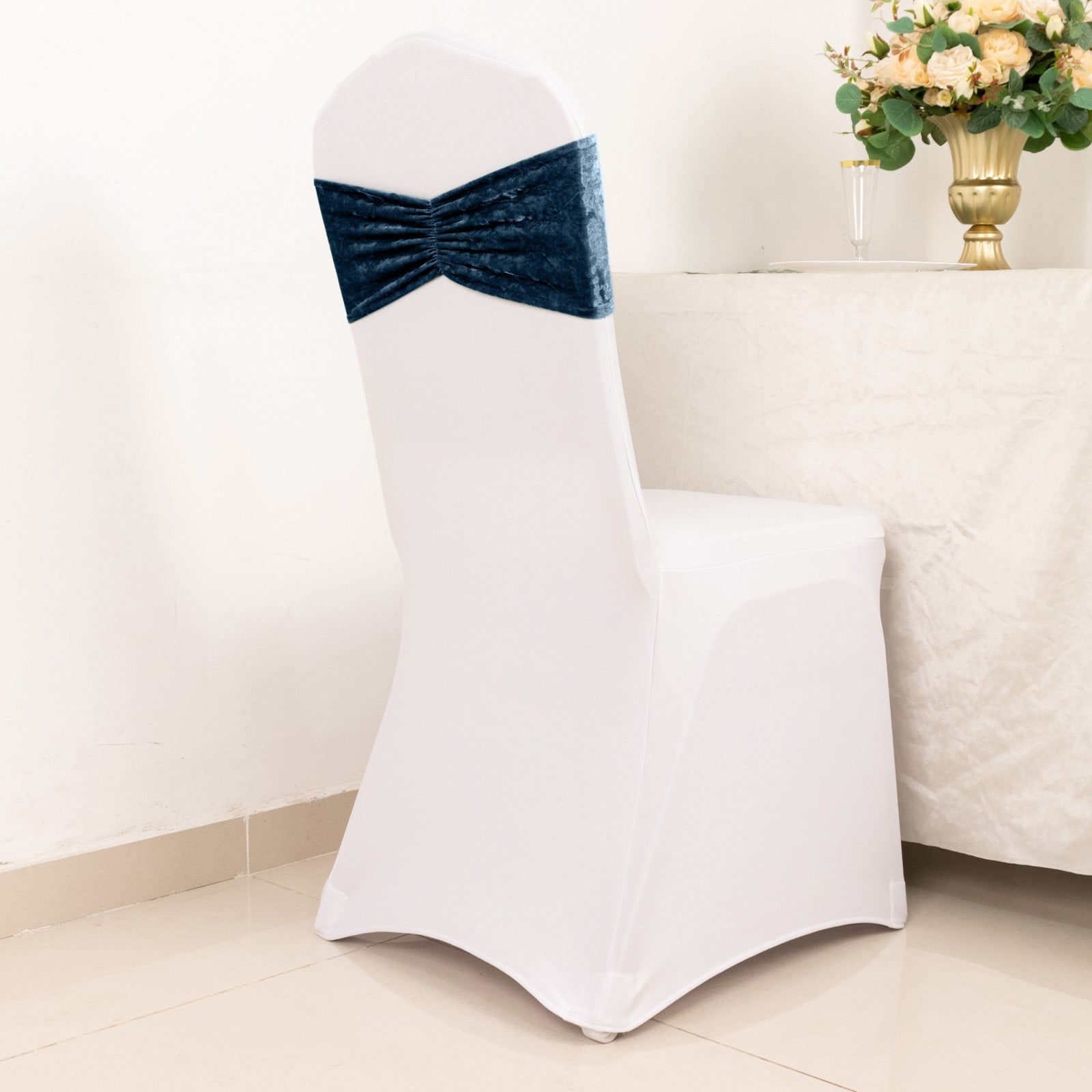 5 Pack Premium Crushed Velvet Chair Sashes Navy Blue Ruffle Style - Wrinkle-Free Textured Stretch Chair Bands