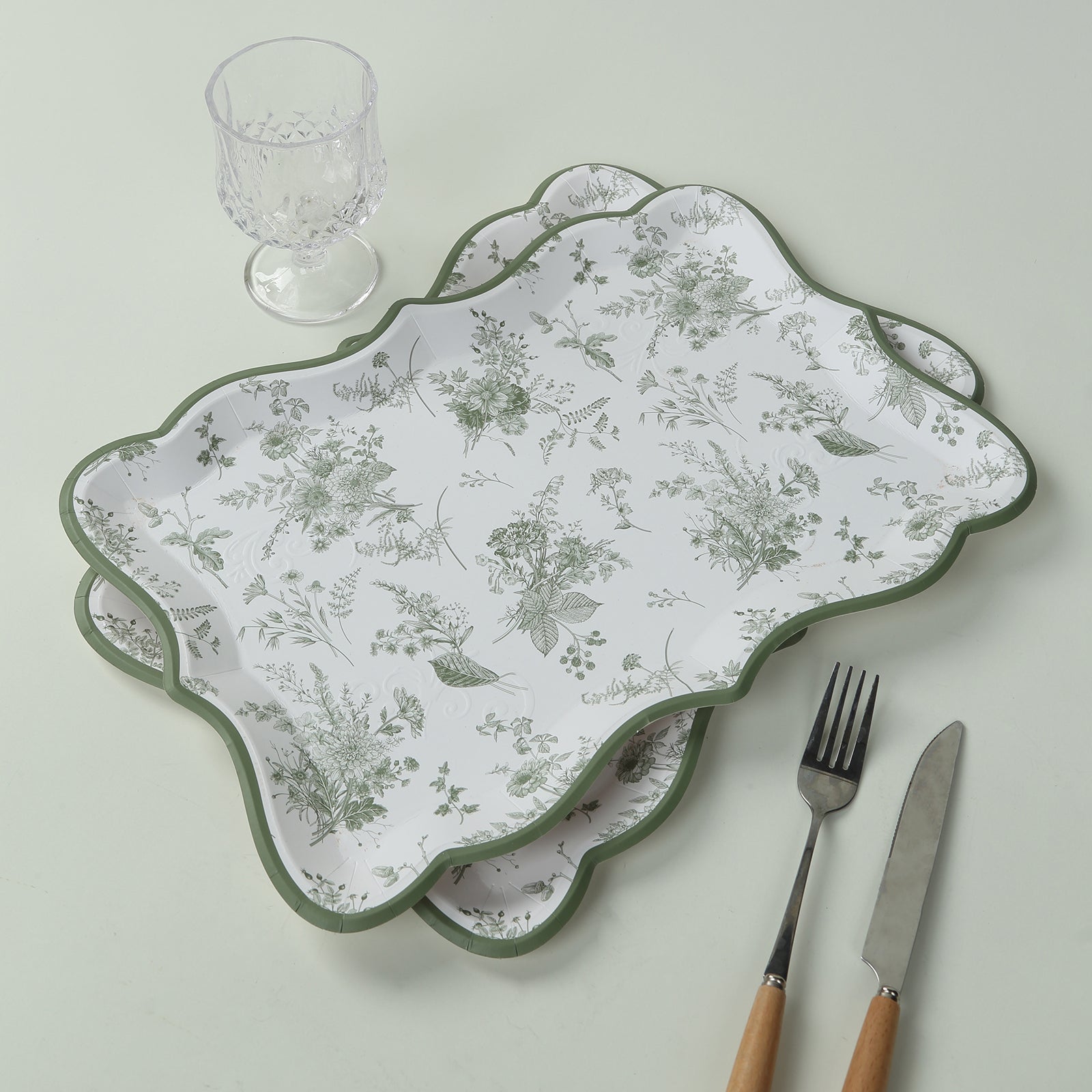 10-Pack Paper 14x10 Rectangle Serving Trays White/Sage Green - Heavy Duty Disposable 400GSM Cardboard Party Platters with French Toile Pattern for Weddings & Parties