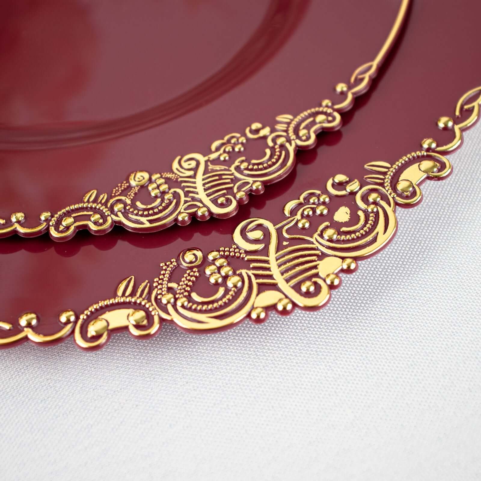 10-Pack Plastic 8 Round Dessert Plates in Burgundy with Gold Leaf Embossed Rim - Disposable Vintage Baroque Style Salad Plates for Luxurious Gatherings & Events