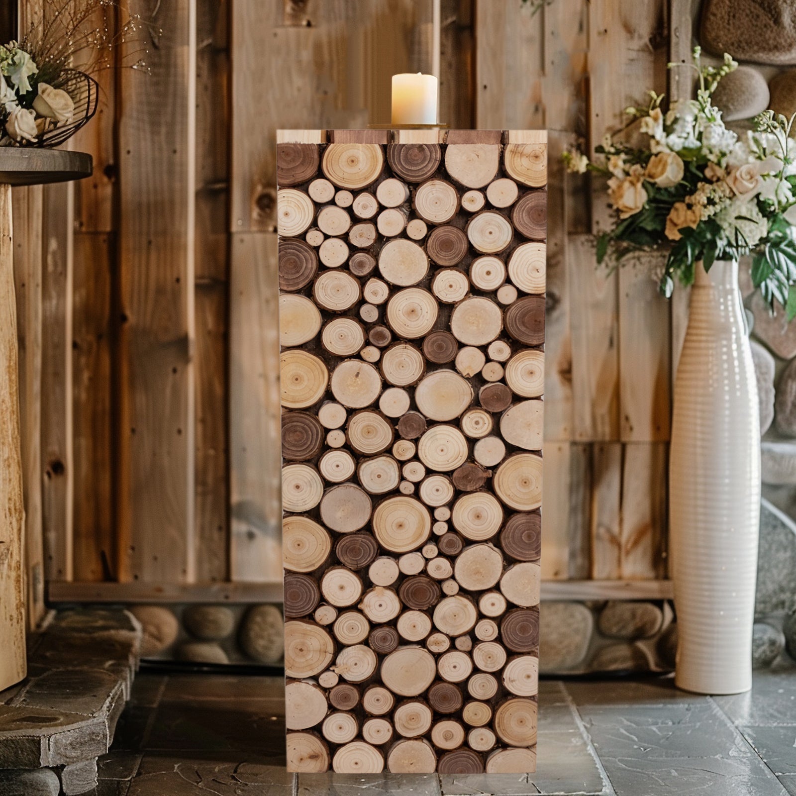 30 Natural Wooden Slices Pillar Prop Pedestal Stand, Rustic Farmhouse Wood Riser Rectangular Plant Stand