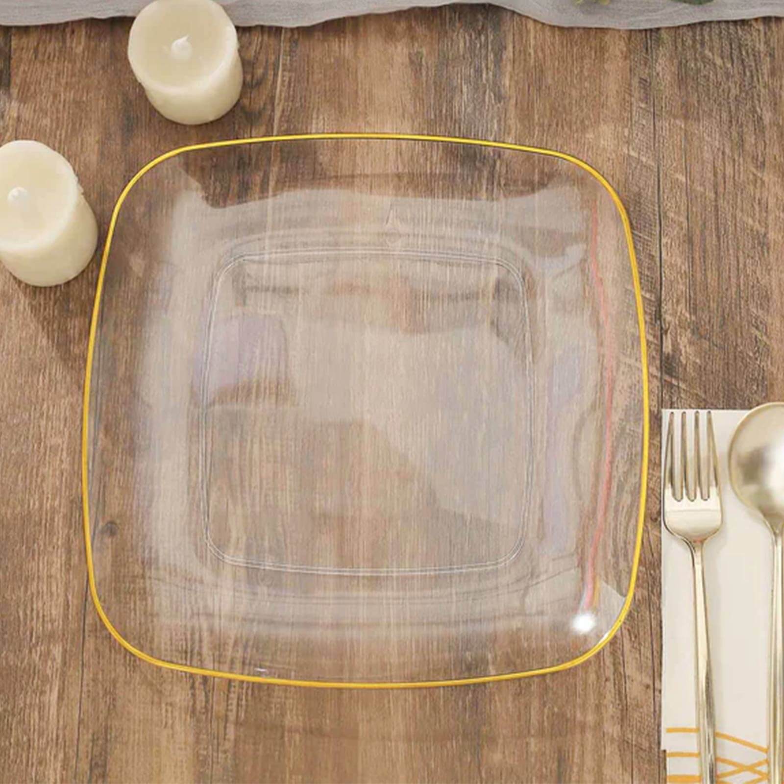 10-Pack Plastic 10 Square Dinner Plates in Clear with Gold Rim - Classy Disposable Lunch Party Plates