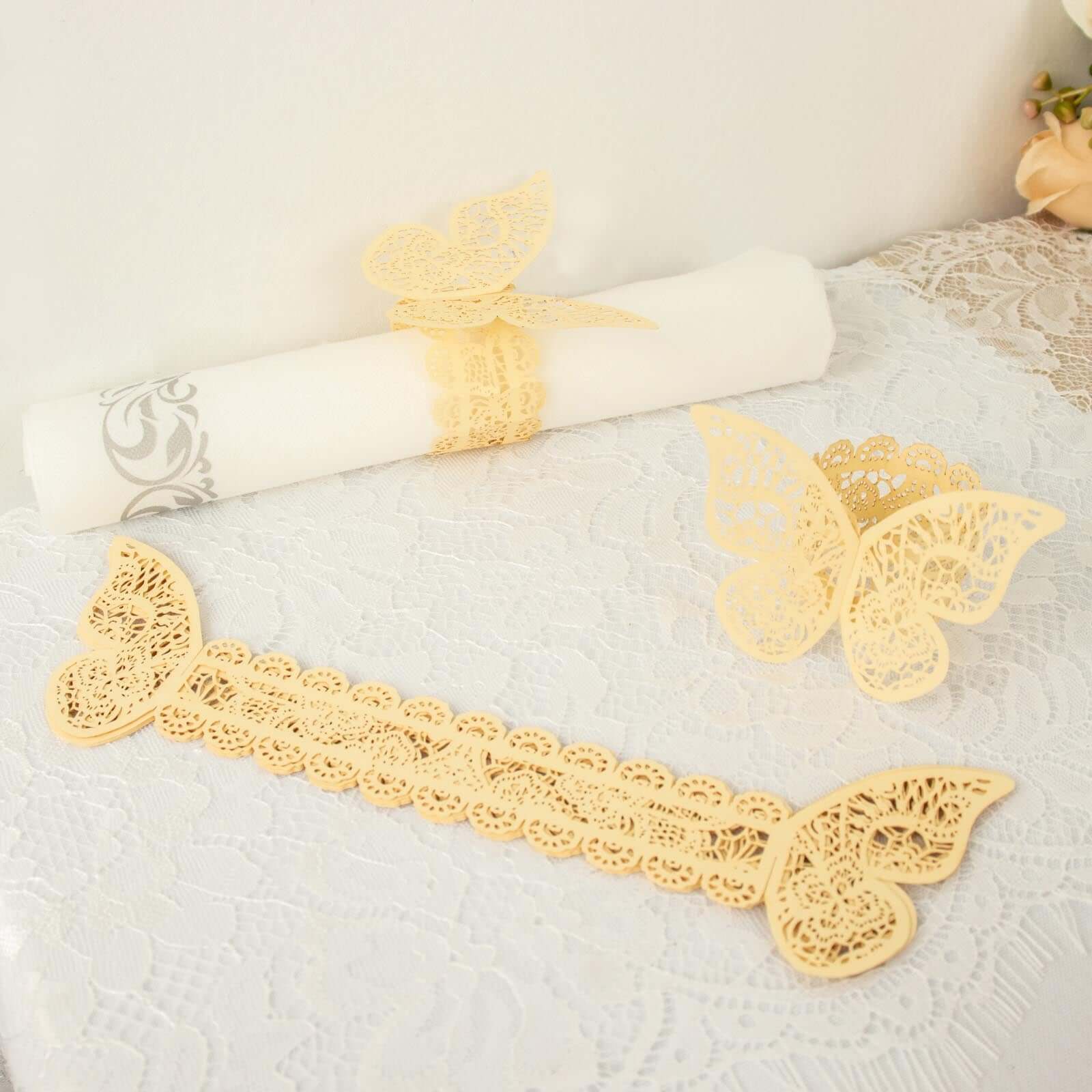 12-Pack Paper Napkin Rings Laser Cut Butterfly Champagne Shimmery - Decorative Serviette Holders