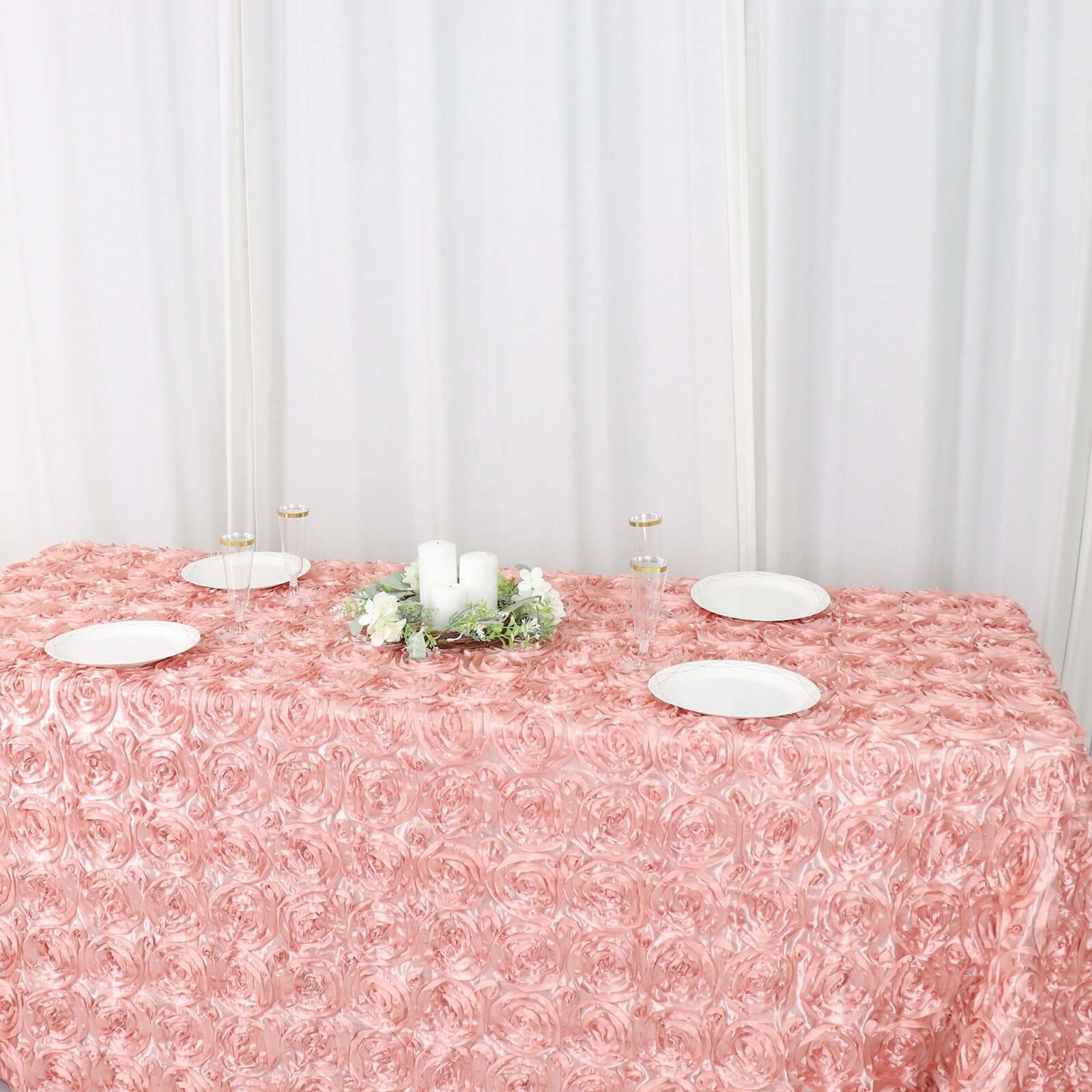 Satin 90x132 Rectangle Tablecloth Dusty Rose - Grandiose 3D Rosette Seamless Table Cover