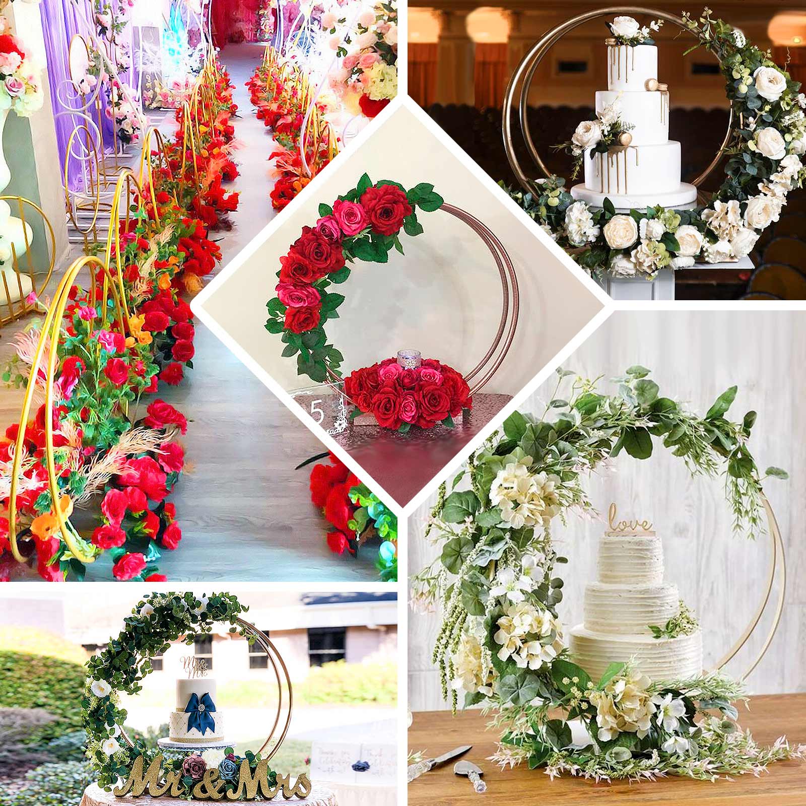 Double Frame Hoop Table Centerpiece Metal Gold - Wedding Cake Display & Flower Stand 24