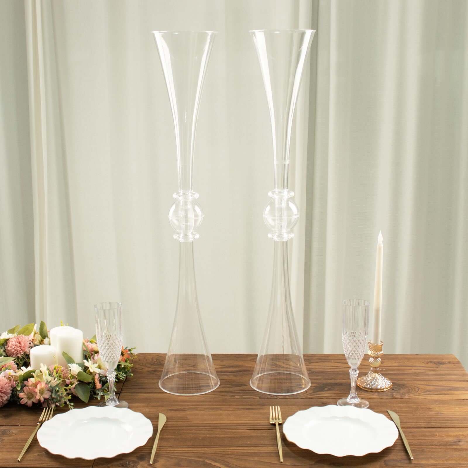 2 Pack 31 Clear Crystal Embellishment Trumpet Flower Vase, Reversible Plastic Table Centerpiece