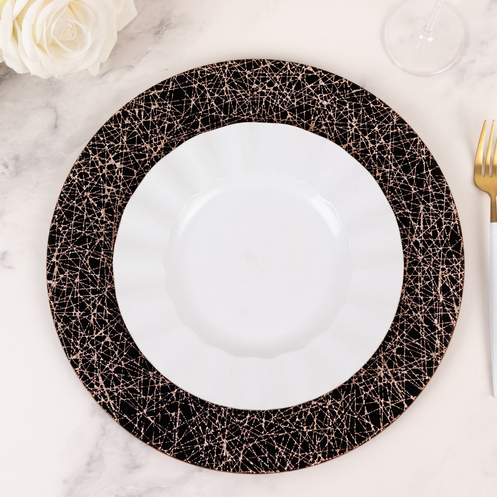 6-Pack Acrylic Round Charger Plates 13 in Black with Gold Glitter Abstract Lines Pattern, Decorative Dinner Party Charger Tableware