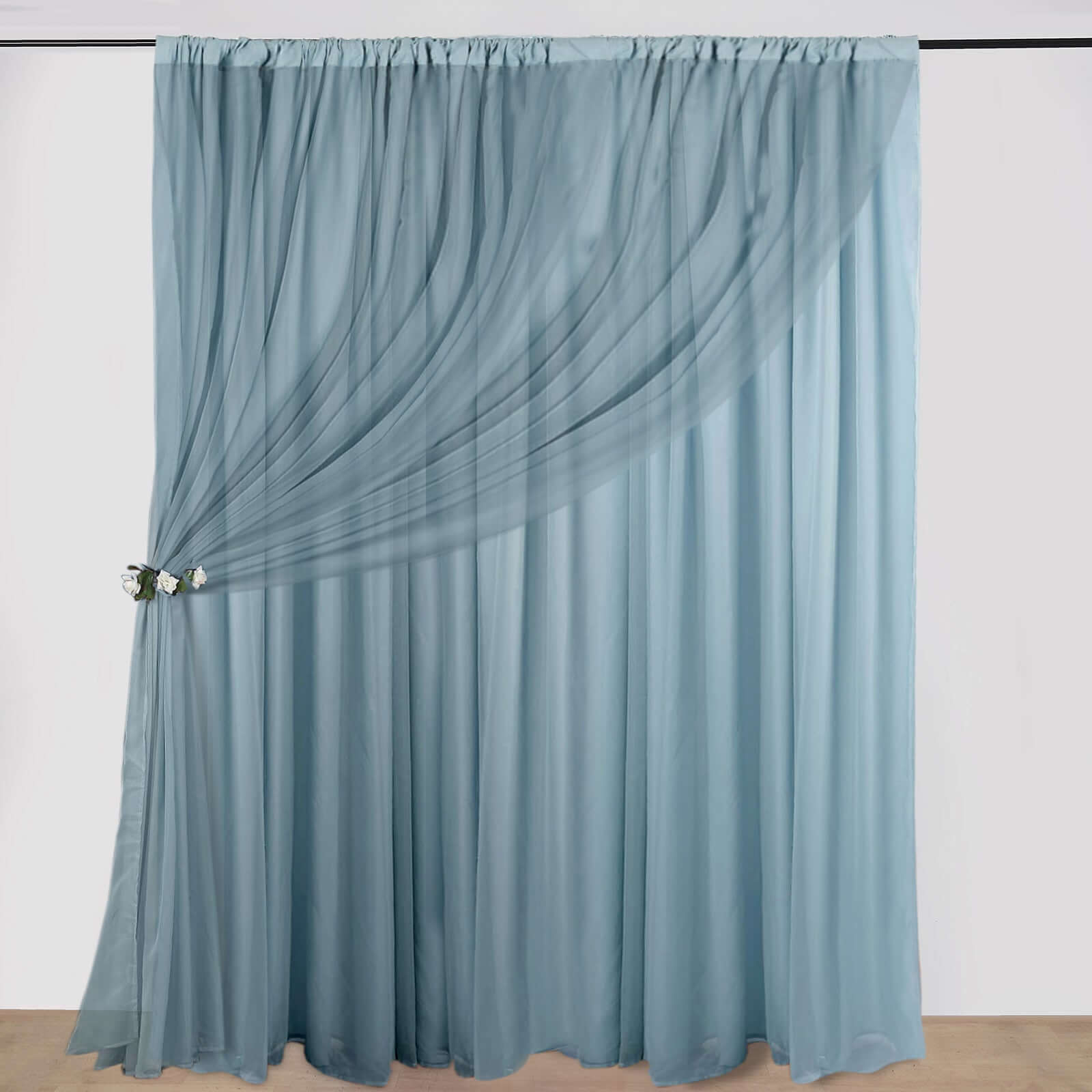 Dusty Blue Chiffon Polyester Event Curtain Drapes, Dual Layer Divider Backdrop Curtain Panels with Rod Pockets - 10ftx10ft