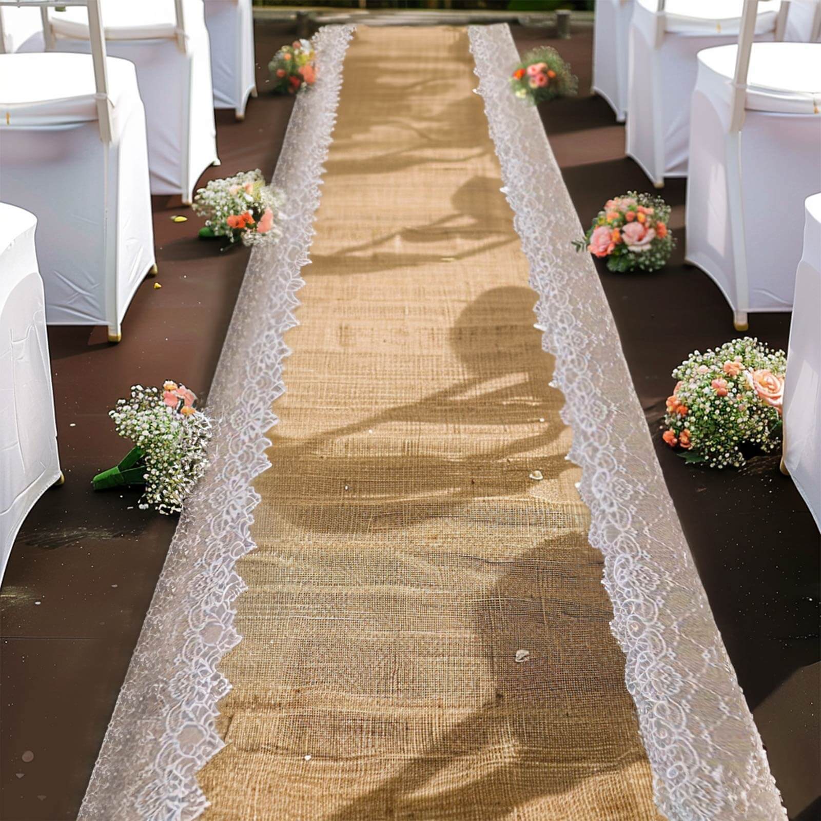 30ft Natural Jute Burlap Aisle Runner with White Floral Lace Borders