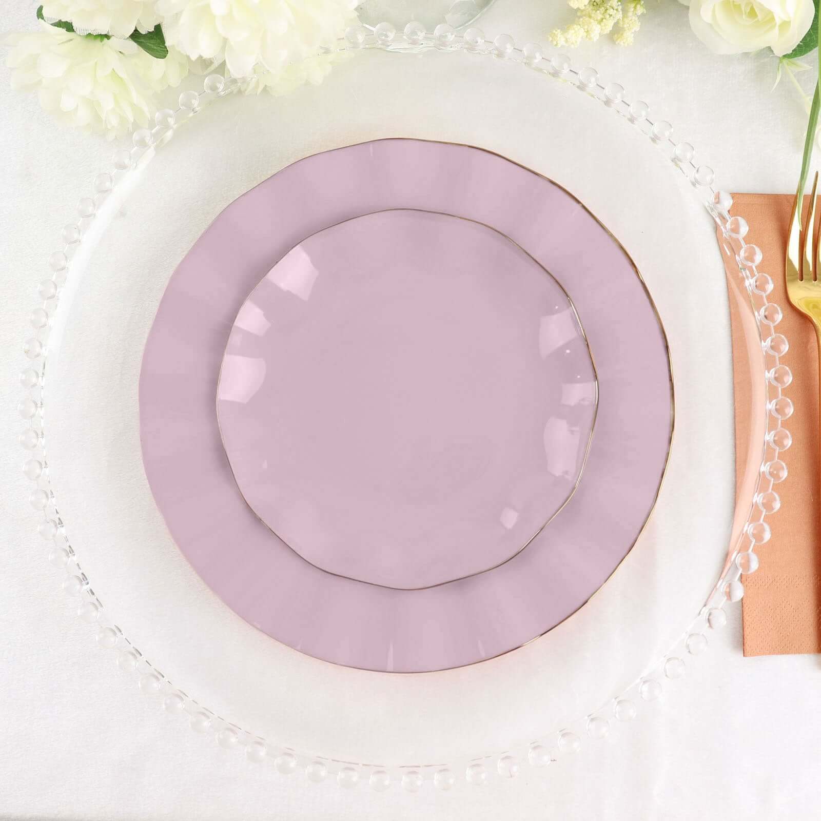 10-Pack Plastic Round 6 Dessert Plates in Lavender Lilac Ruffled Rim with Gold Edging - Sturdy Disposable Salad Appetizer Dinnerware