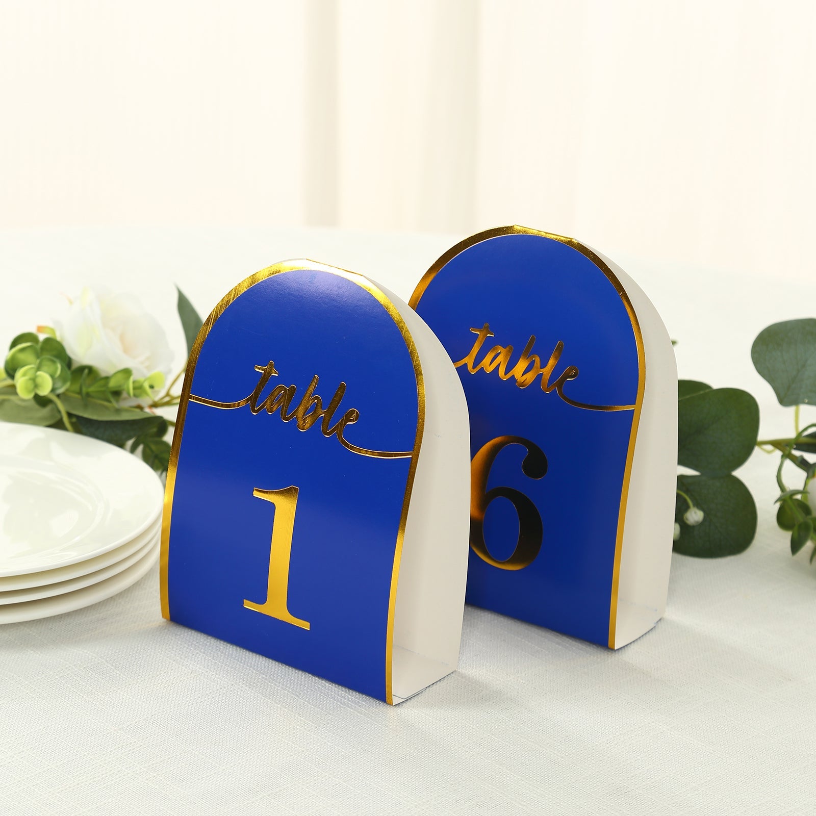 25-Pack Paper Wedding Table Numbers 1-25 Royal Blue Arch Cutout Design - Sleek & Modern Free Standing Double Sided Table Tent Cards with Metallic Gold Foil Numbers 7