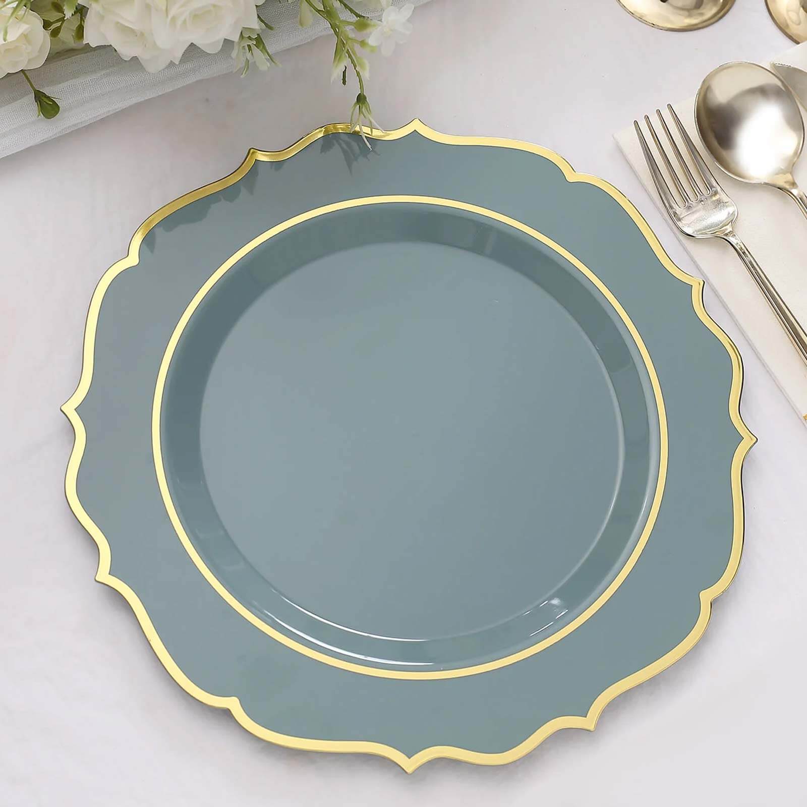 10-Pack Plastic 10 Round Dinner Plates in Dusty Blue with Gold Scalloped Rim - Disposable Party Plates