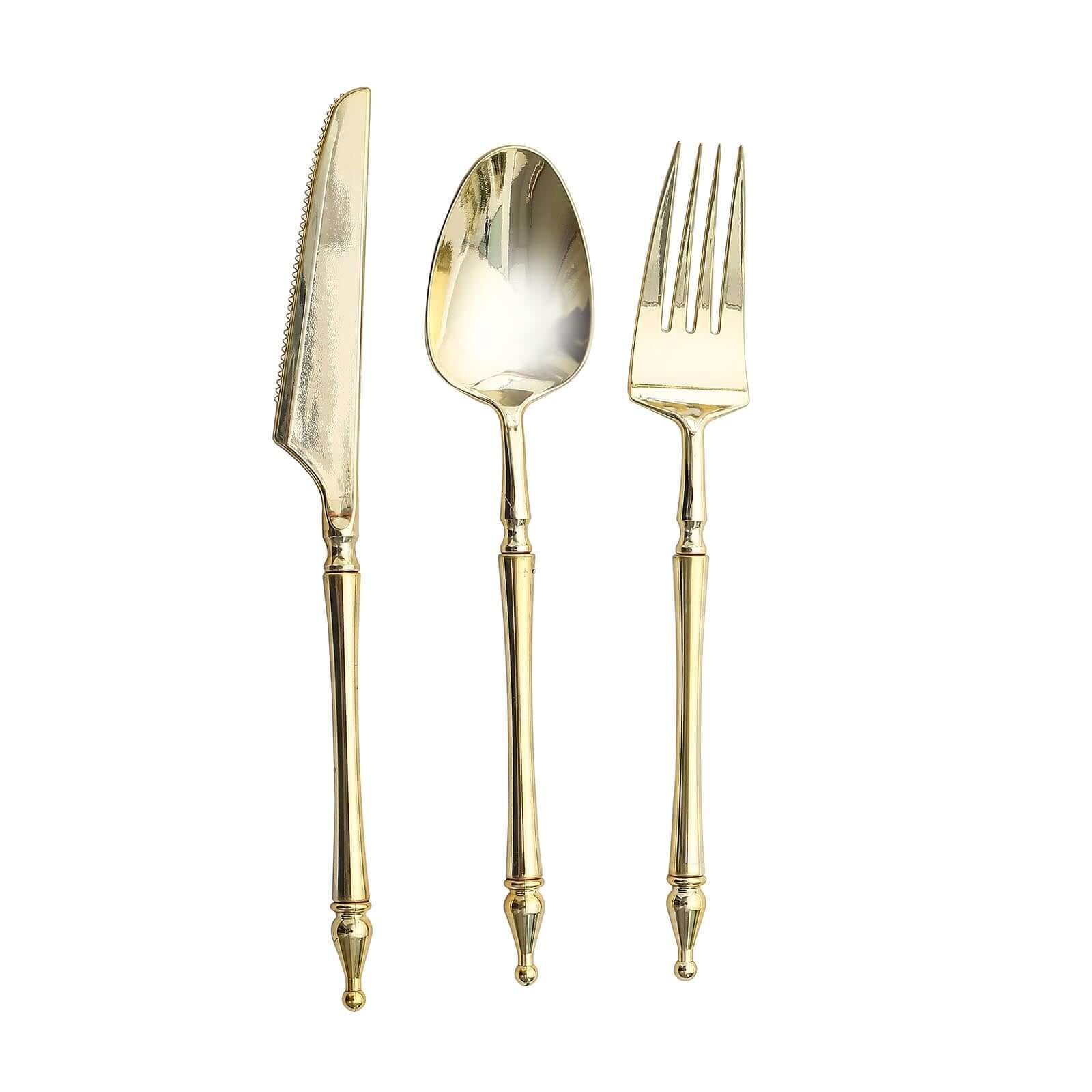 24-Pack Plastic Utensil Set with Roman Column Handle Gold - Disposable Silverware for Events