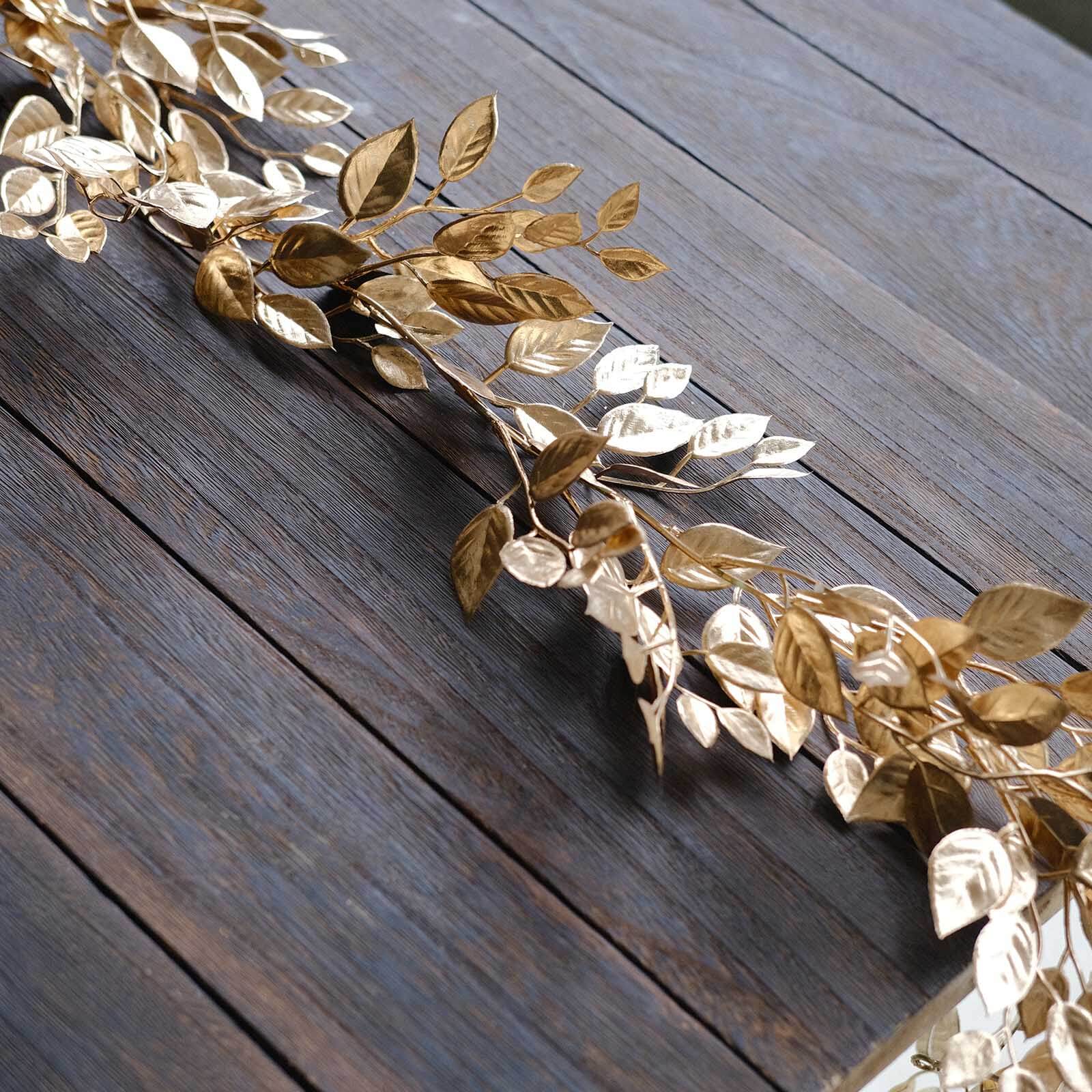 Artificial Magnolia Leaf Table Garland Metallic Gold - Decorative DIY Craft Hanging Vine Wreath 6ft