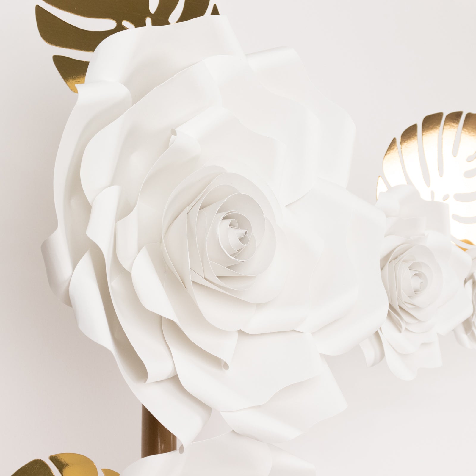 Set of 9 White 3D Rose Paper Flowers with Gold Tropical Palm Leaves, Party Flower Backdrop Hanging Wall Decor