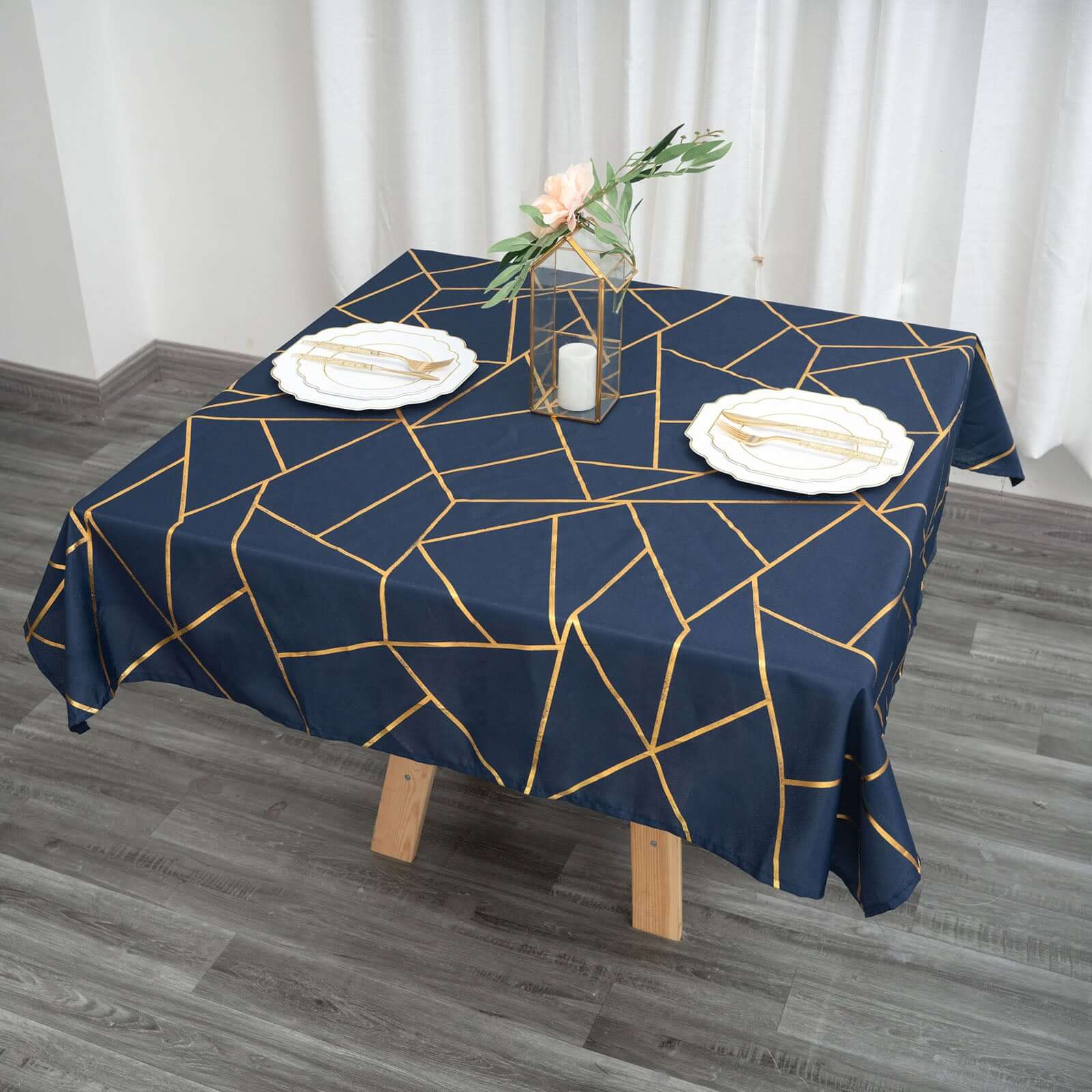 Polyester 54x54 Square Tablecloth Navy Blue with Gold Foil Geometric Pattern - Wrinkle-Resistant & Durable Table Cover