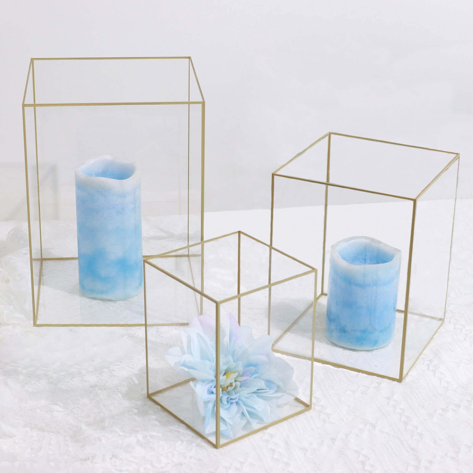 Set of 3 Candle Holders Acrylic Flower Display Boxes with Gold Rims Clear - Decorative Pillar Centerpieces 6, 8, 10