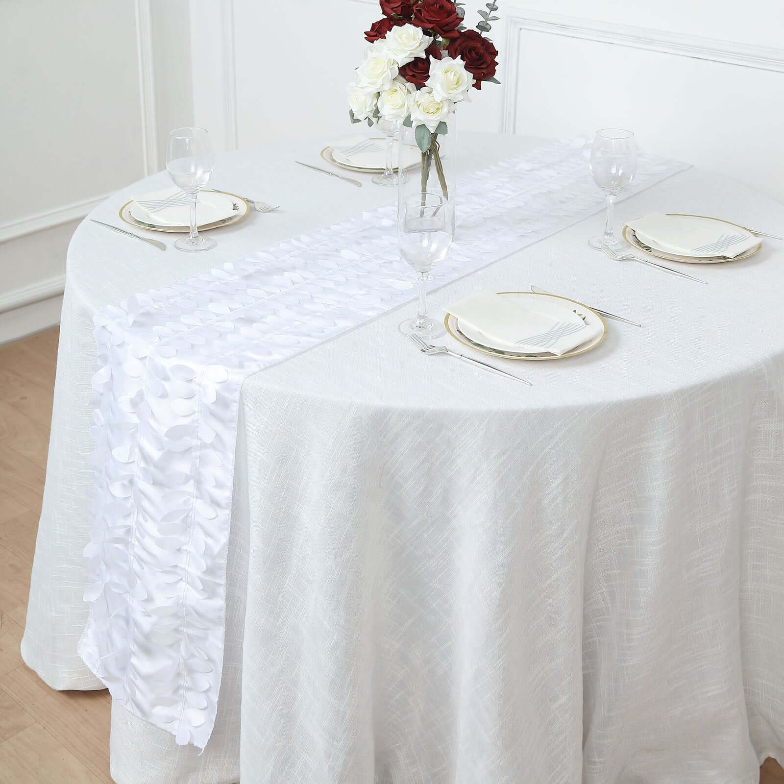 Taffeta Fabric 12x108 Table Runner White 3D Leaf Petal - Stylish Wedding Decor