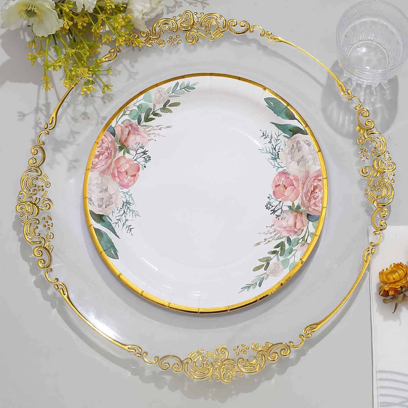 25-Pack Paper 9 Round Dinner Plates White with Peony Floral Design & Gold Rim - Disposable Floral Party Plates for Brunches & Afternoon Teas