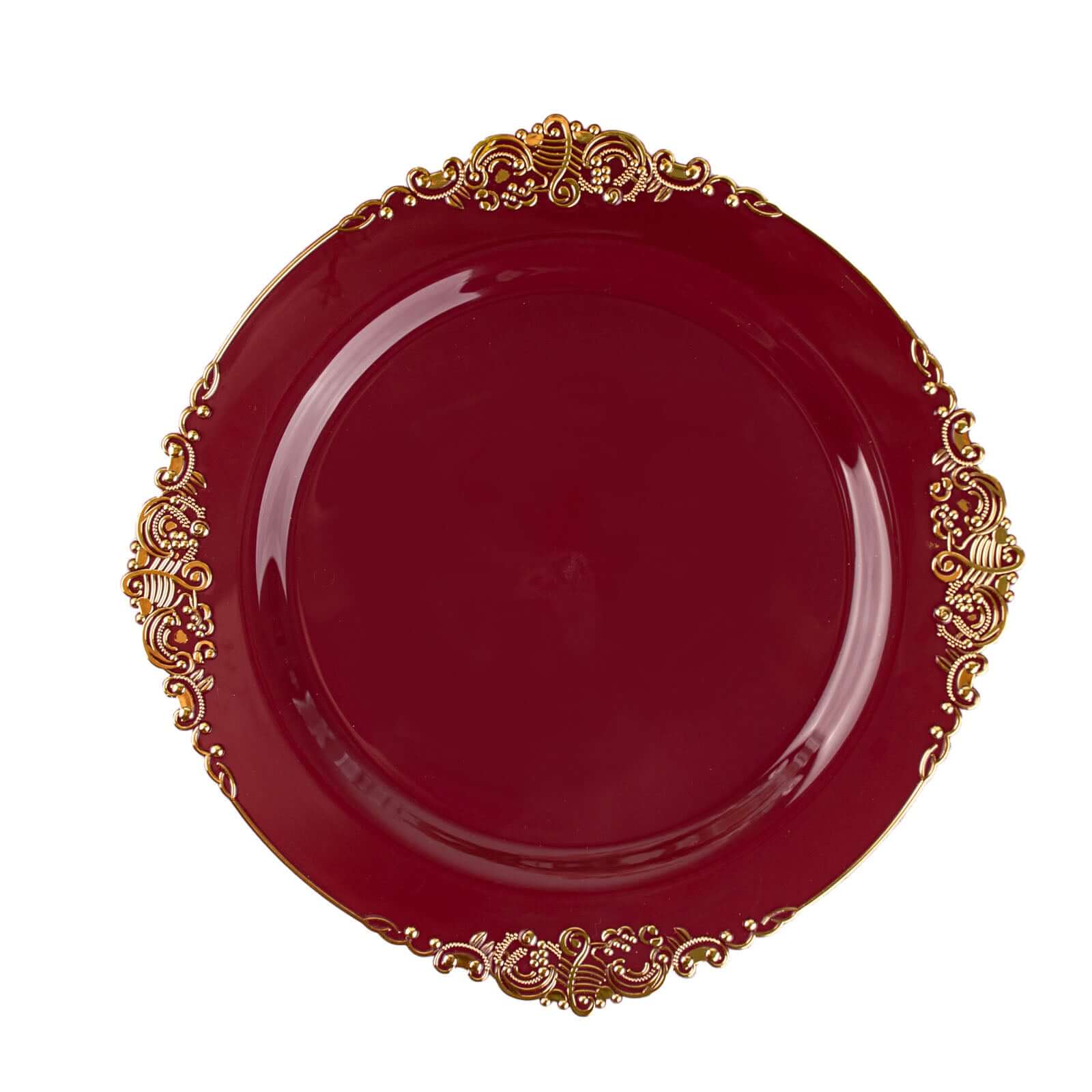 10-Pack Plastic 8 Round Dessert Plates in Burgundy with Gold Leaf Embossed Rim - Disposable Vintage Baroque Style Salad Plates for Luxurious Gatherings & Events