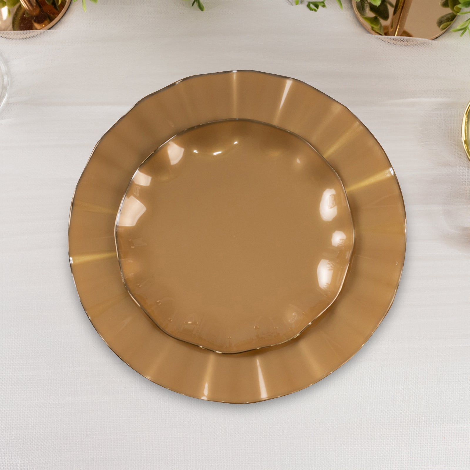 10-Pack Plastic Round 6 Dessert Plates in Gold with Ruffled Rim - Sturdy Disposable Salad Appetizer Dinnerware for Classy Events & Banquets