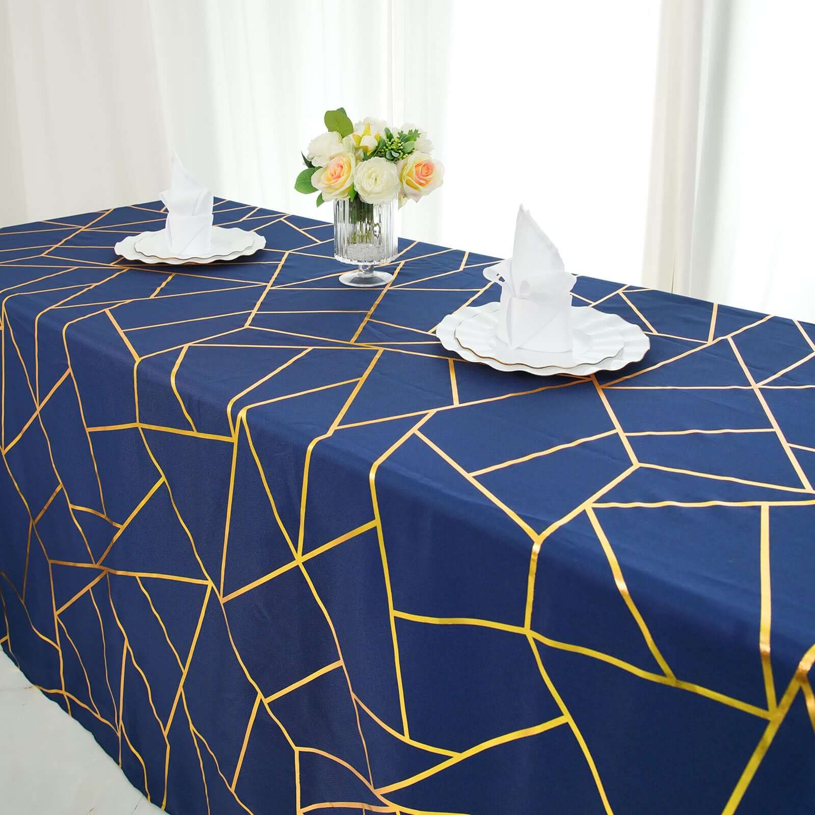 Polyester 90x156 Rectangle Tablecloth Navy Blue Seamless with Gold Foil Geometric Pattern - Wrinkle-Resistant Seamless Table Cover for Sophisticated Events