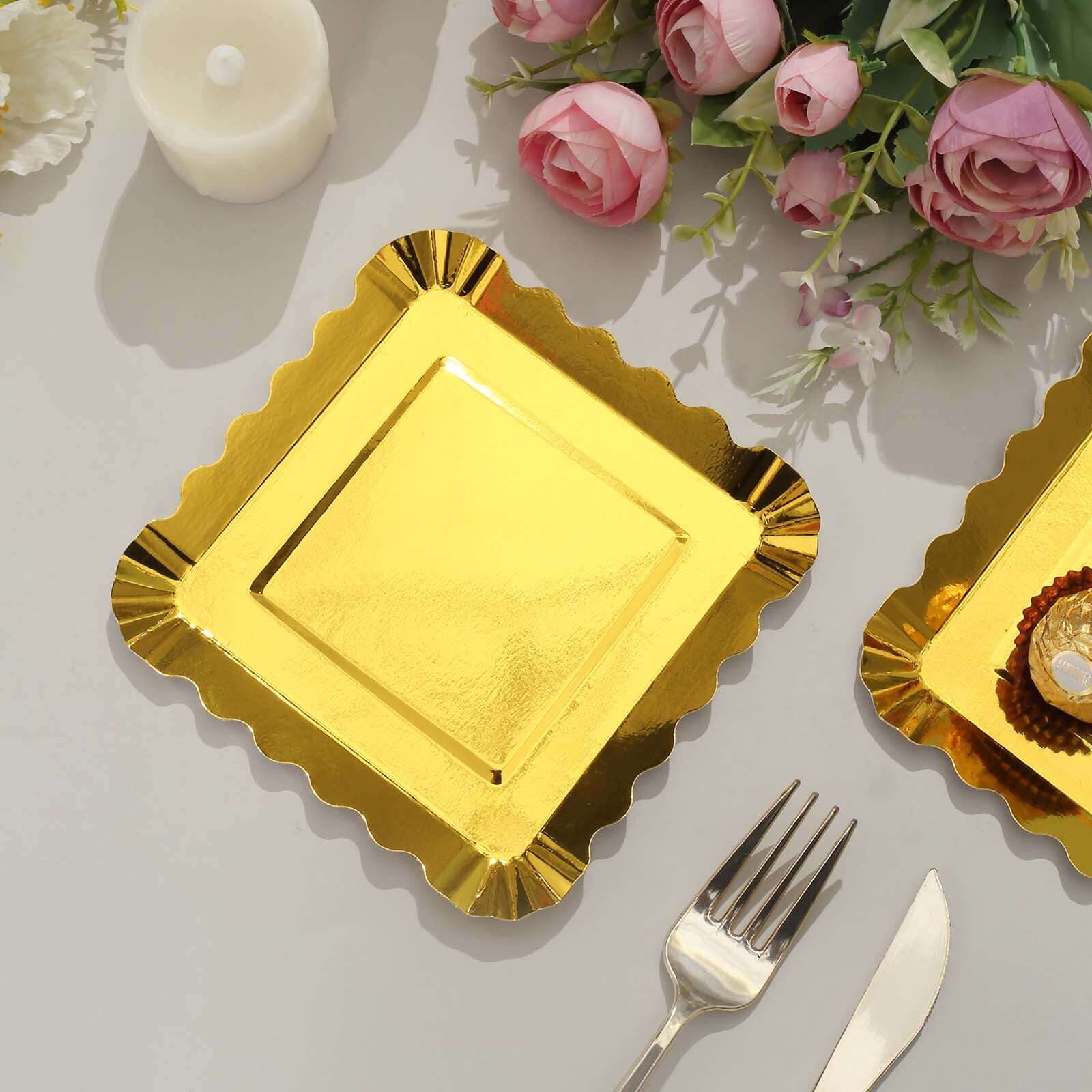 50-Pack Paper 5 Square Dessert Plates in Gold Foil with Scalloped Rim - Disposable Appetizer Plates for for Glam Gatherings & Special Occasions