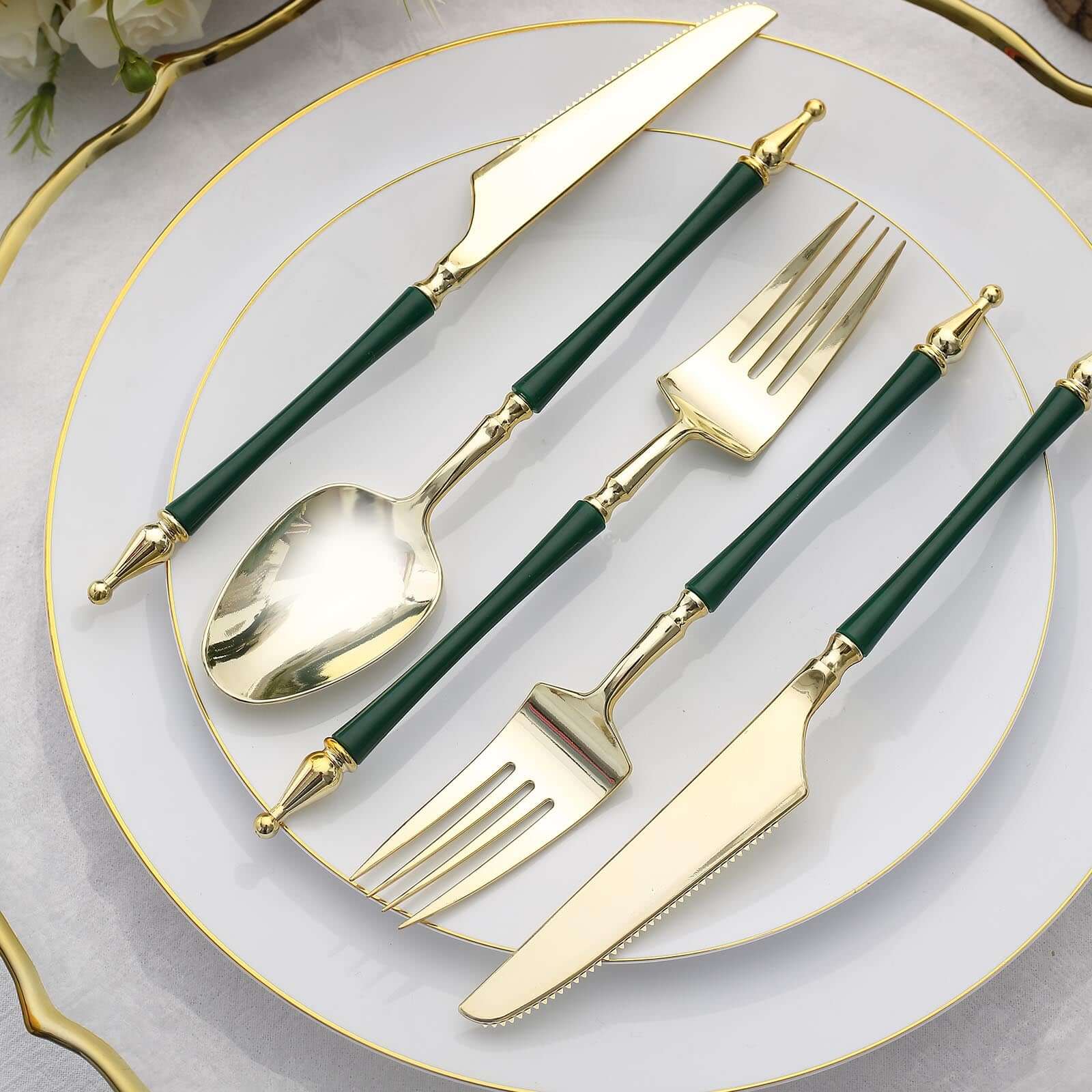 24-Pack Plastic Utensil Set with Roman Column Handle Gold/Hunter Emerald Green - Disposable Silverware