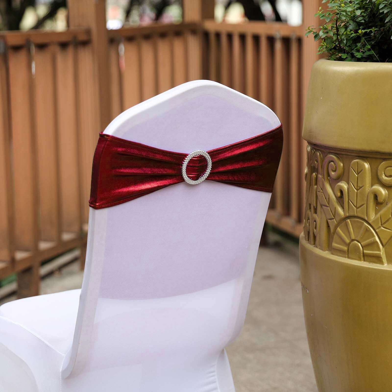 5 Pack Metallic Spandex Chair Sashes Burgundy - Stretch Fit Chair Bands With Round Diamond Buckles