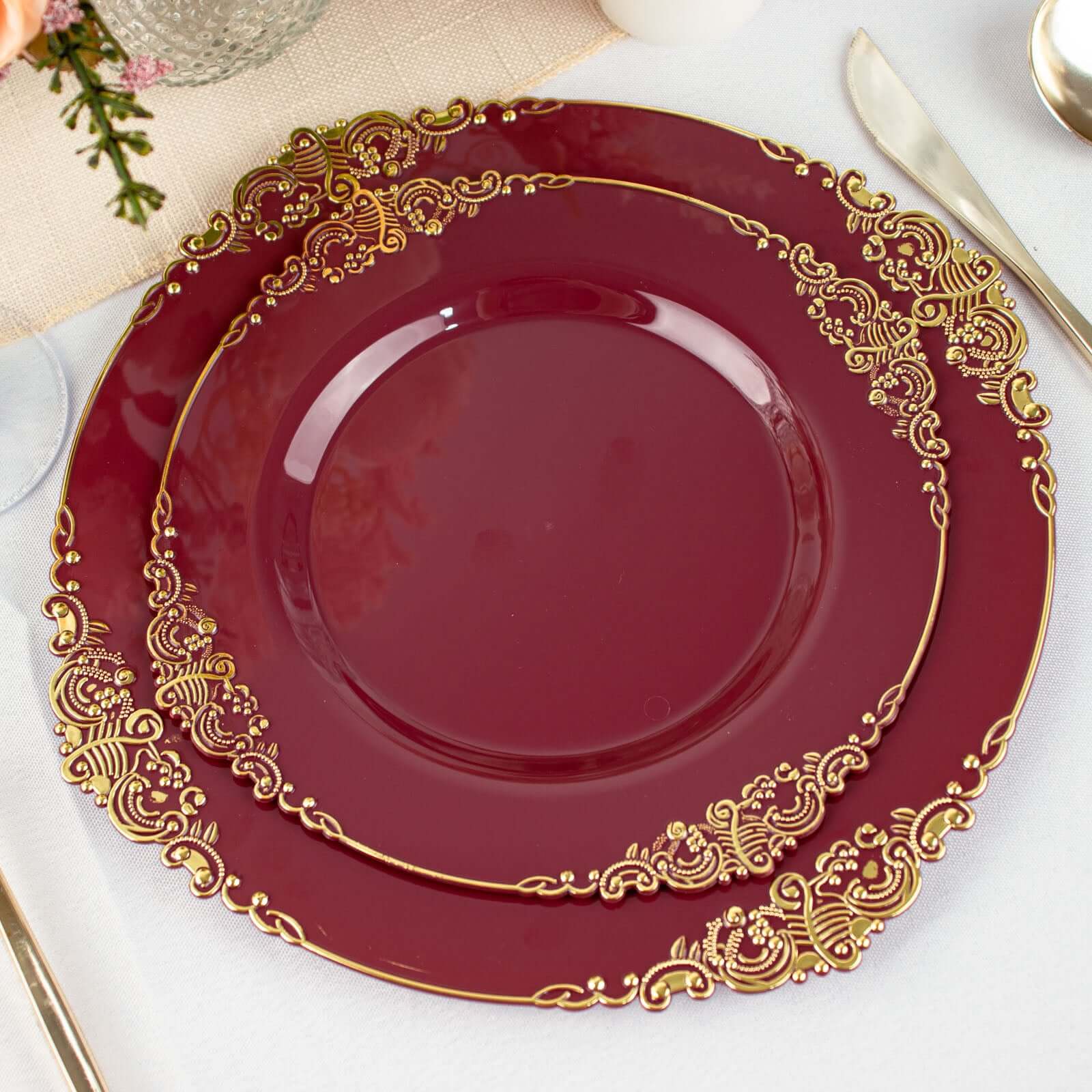 10-Pack Plastic 8 Round Dessert Plates in Burgundy with Gold Leaf Embossed Rim - Disposable Vintage Baroque Style Salad Plates for Luxurious Gatherings & Events