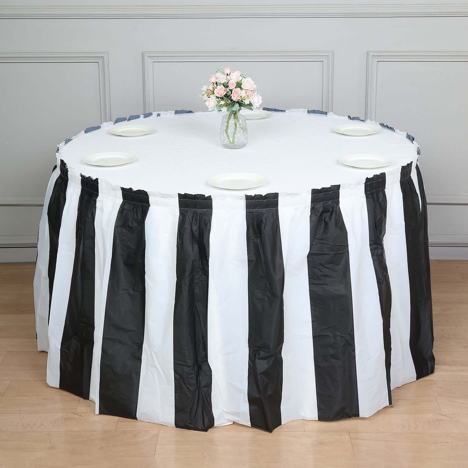 Plastic Table Skirt White/Black Stripe - Reliable Disposable Skirt for Parties 14ft 10 Mil