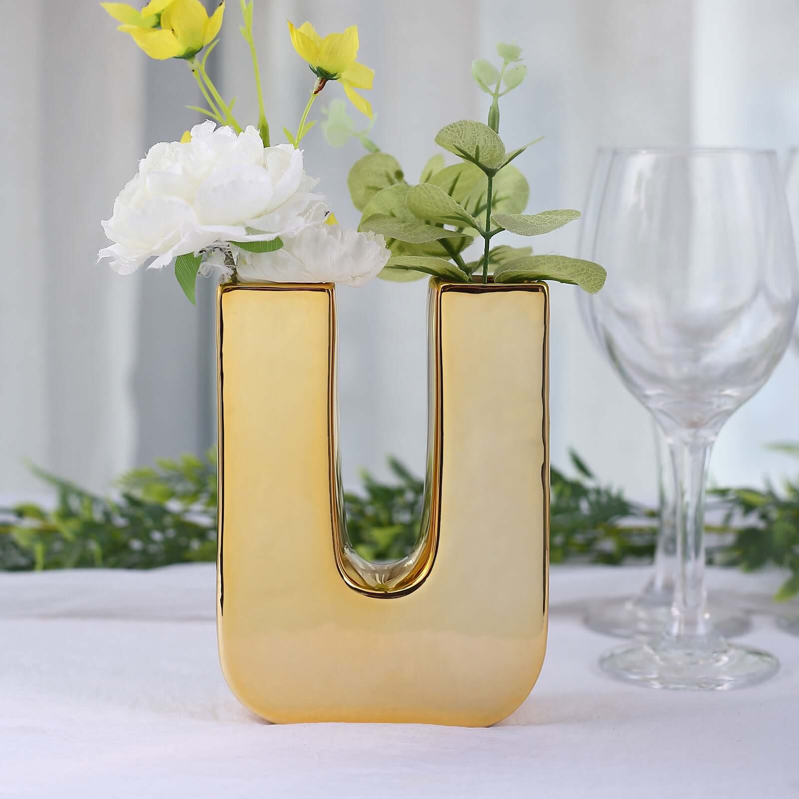 Shiny Ceramic Vase Letter U Gold Plated - Chic Bud Planter Pot for Events & Decor 6