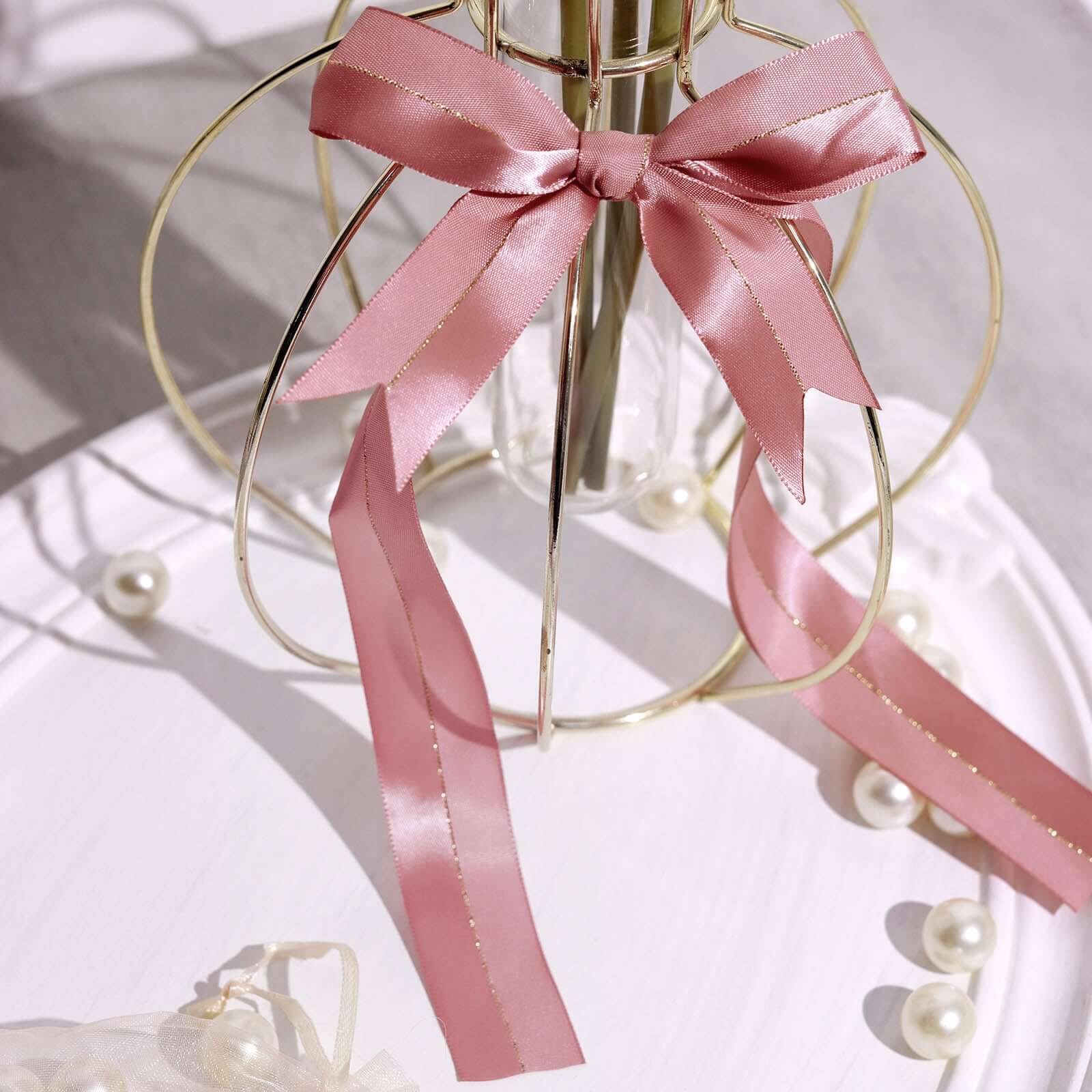 50 Pcs 10 Dusty Rose Pre Tied Ribbon Bows, Satin Ribbon With Gold Foil Lining For Gift Basket and Party Favors Decor