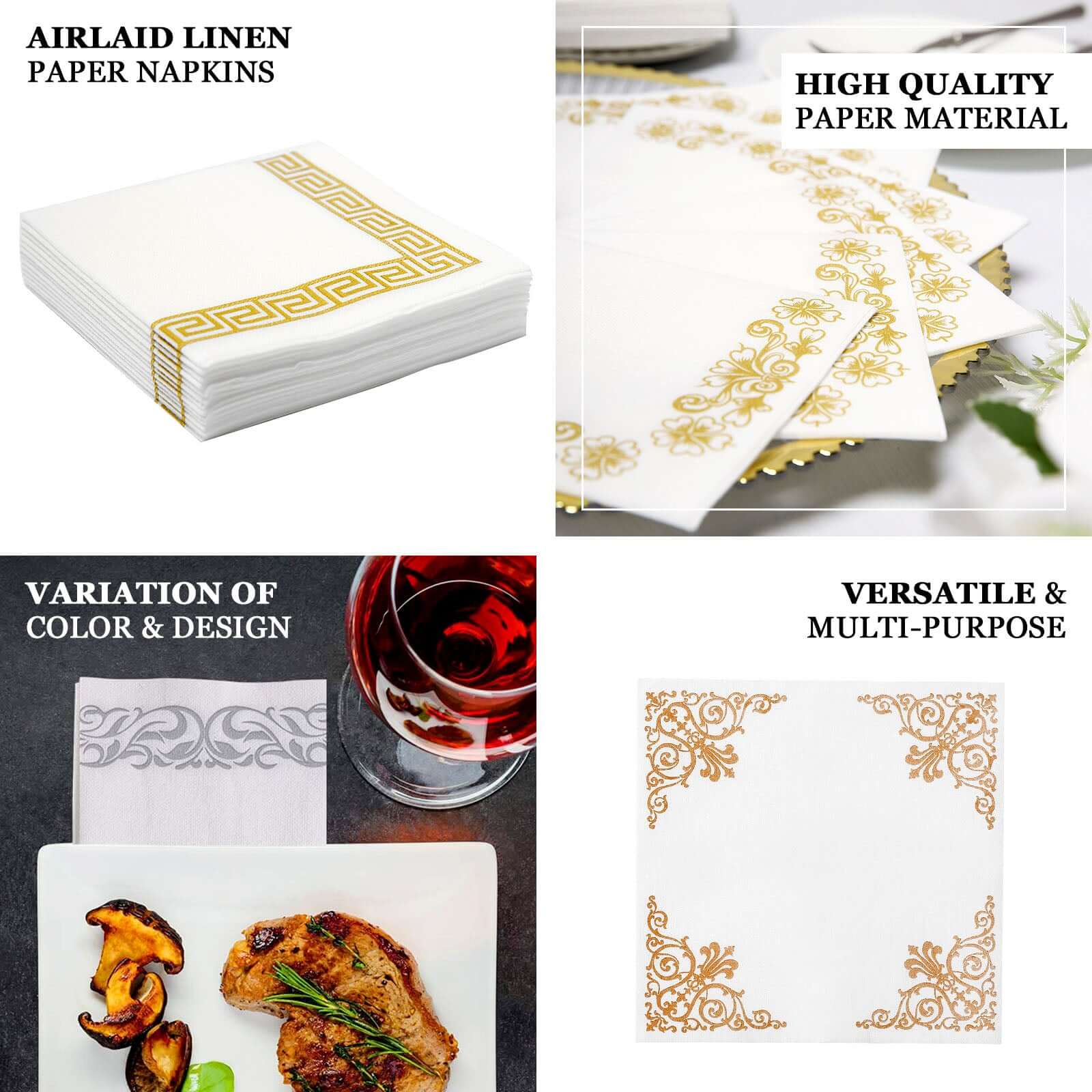 25 Pack Line-Like Paper 8x4 Napkins White with Metallic Gold Foil Scroll Design - Soft & Absotbent Airlaid Hand Towels for Exquisite Weddings & Events