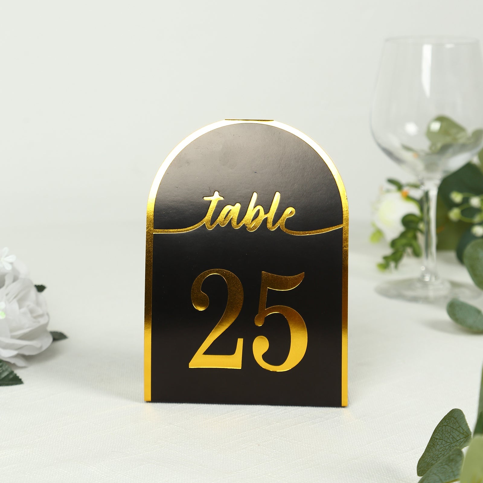 25-Pack Paper Wedding Table Numbers 1-25 Black Arch Cutout Design - Sleek & Modern Free Standing Double Sided Table Tent Cards with Metallic Gold Foil Numbers 7