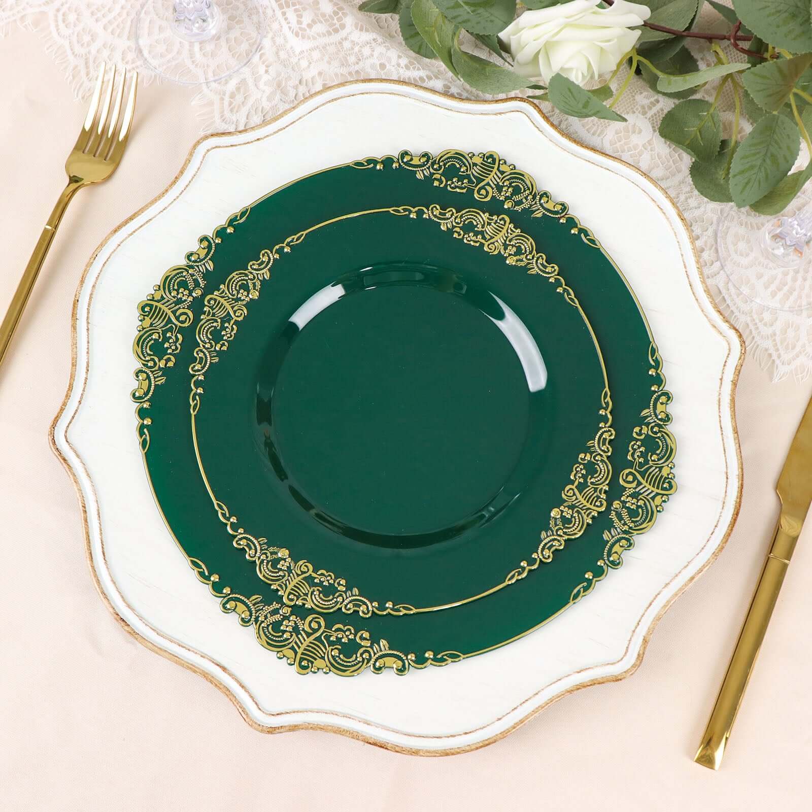 10-Pack Plastic 8 Round Dessert Plates in Hunter Emerald Green with Gold Leaf Embossed Rim - Disposable Vintage Baroque Style Salad Plates