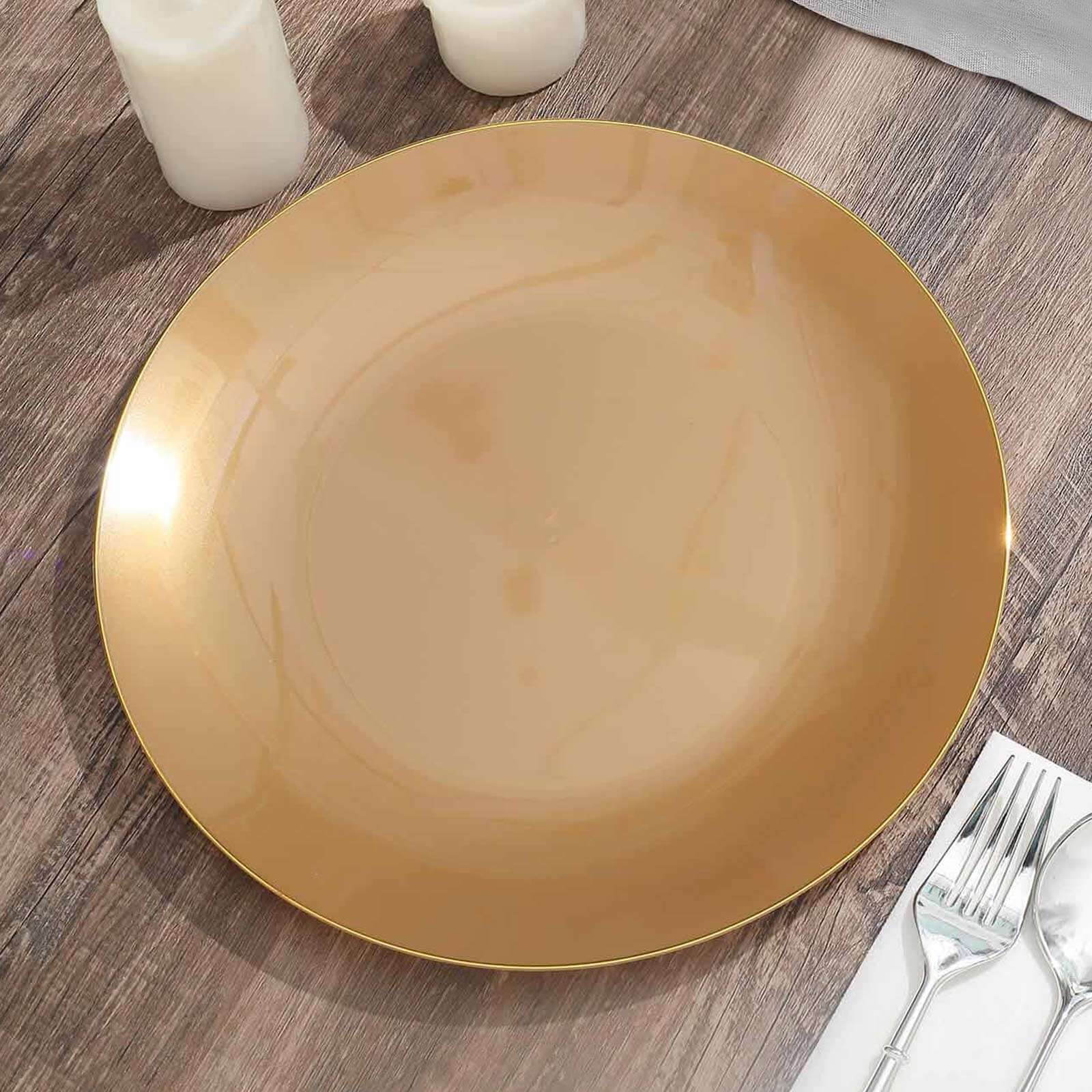 10-Pack Plastic 10 Round Dinner Plates in Gold with Gold Rim - Glossy Disposable Party Plates